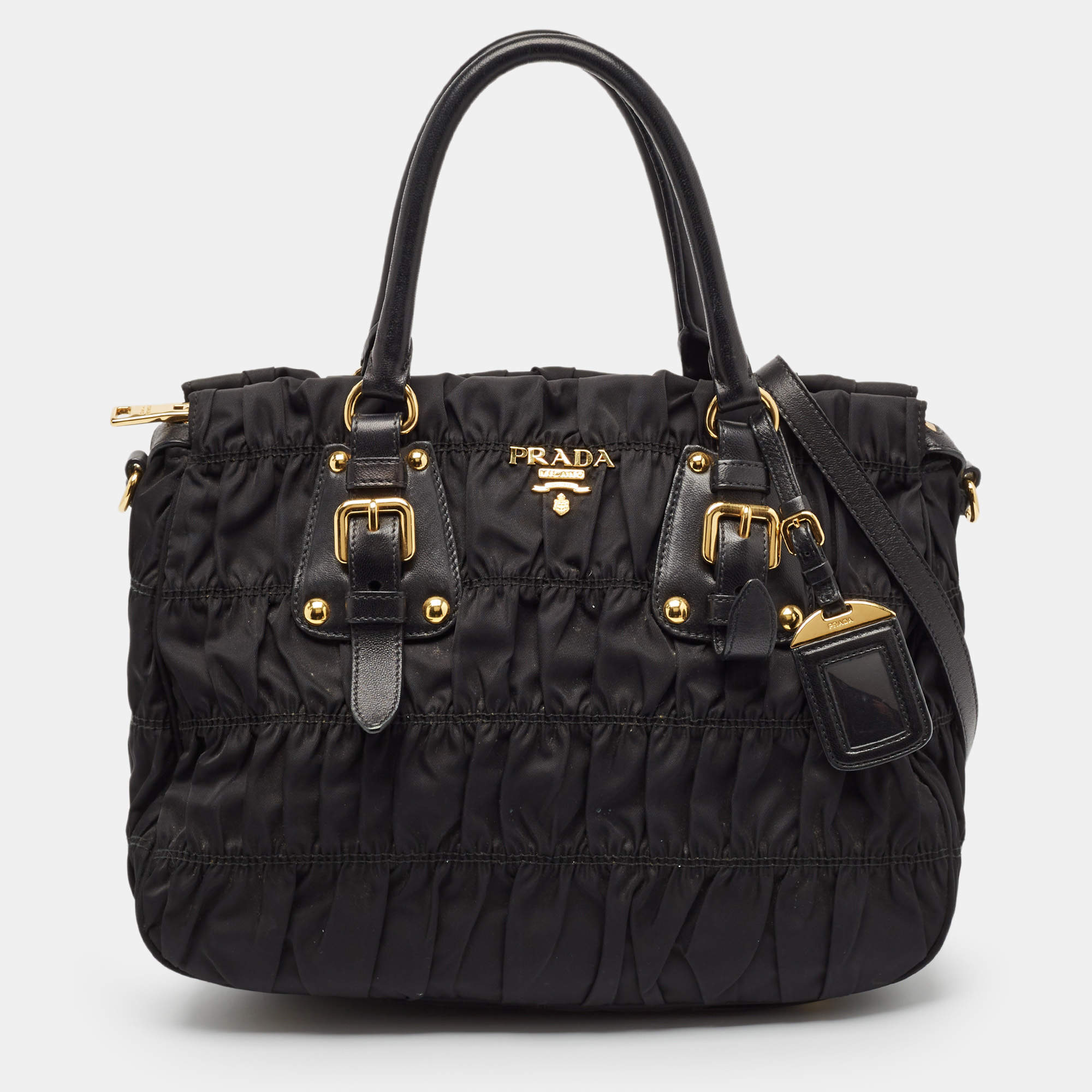 Pre Owned Prada Black Nylon and Leather Gaufre Tote