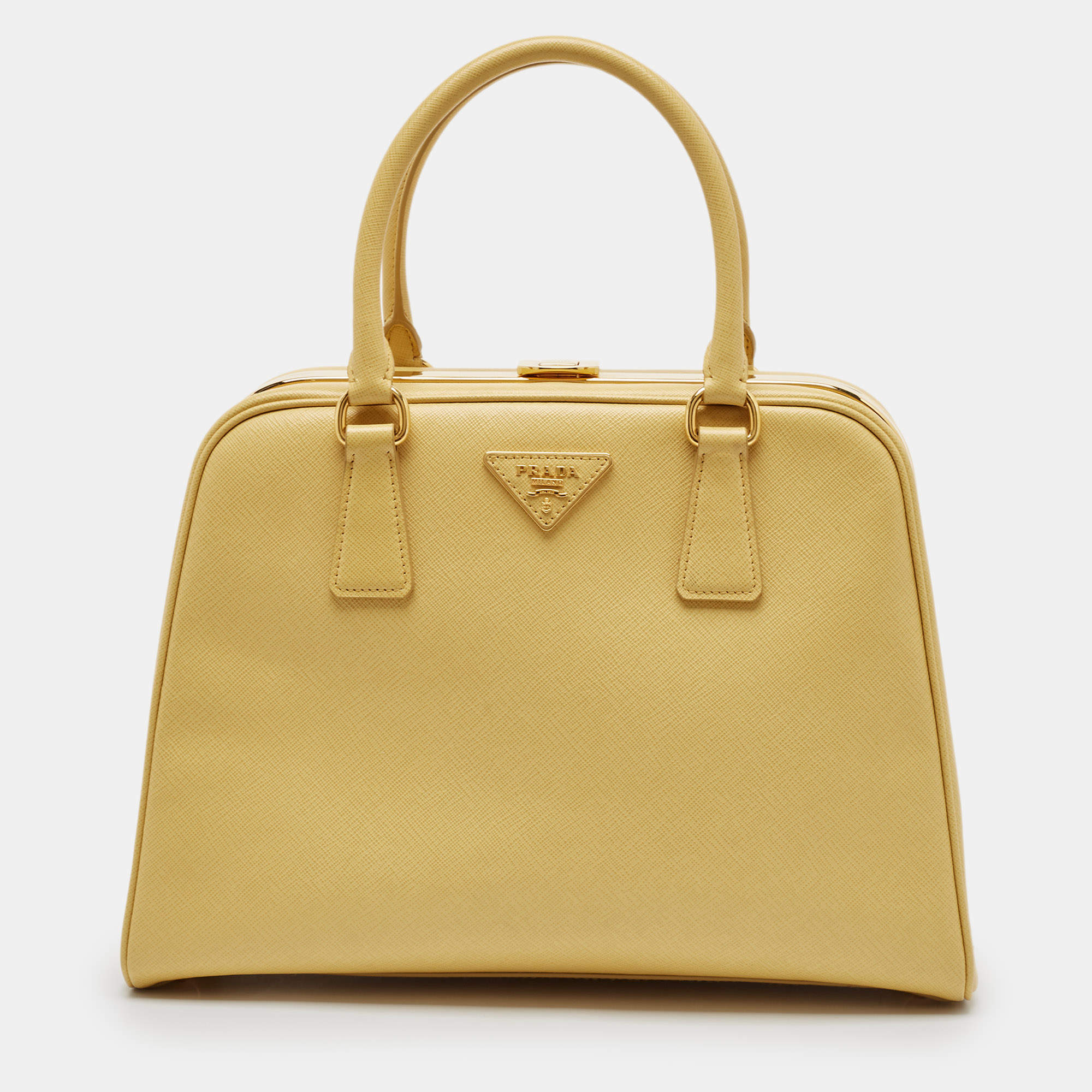 Pre Owned Prada Yellow Saffiano Lux Leather Pyramid Frame Satchel