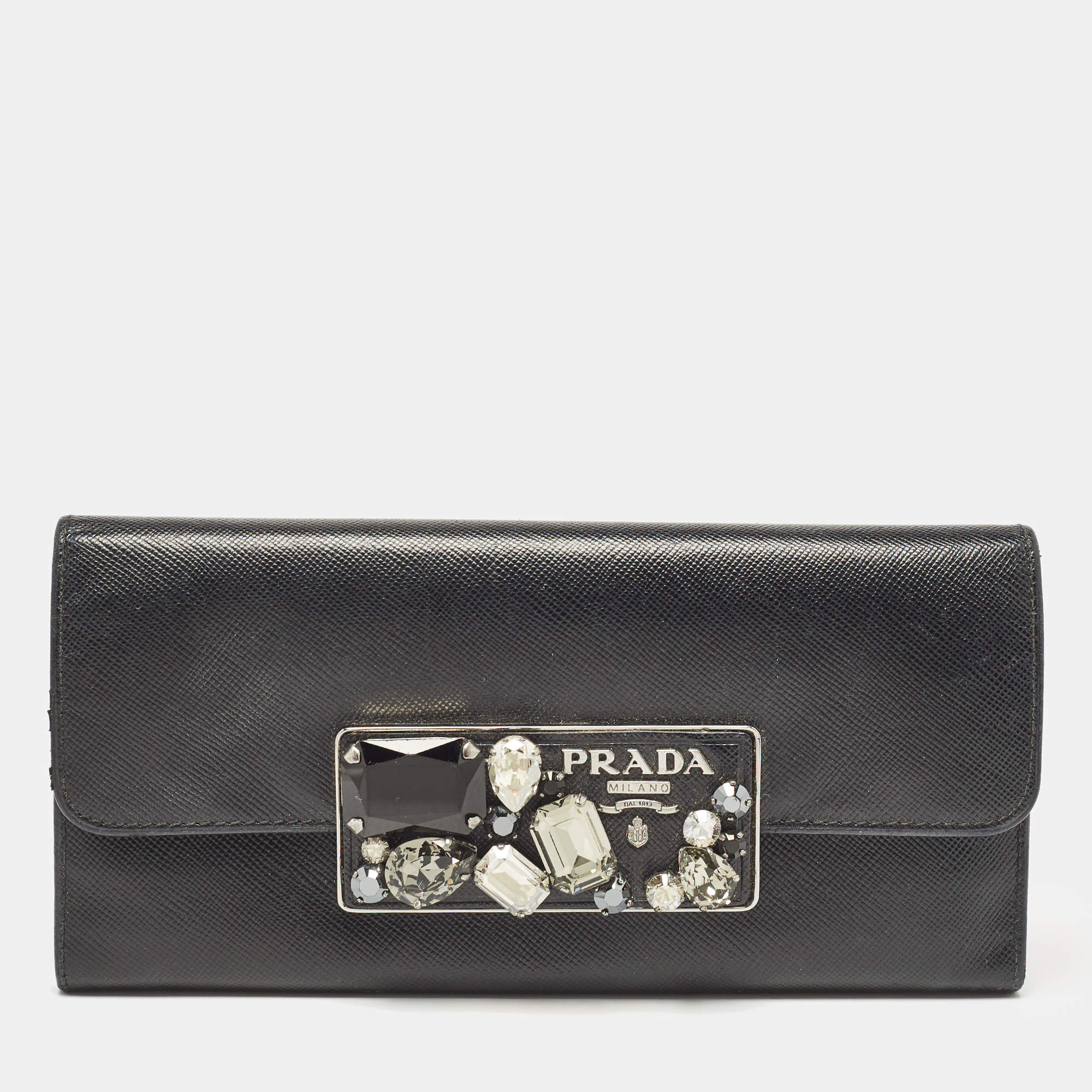 Pre Owned Prada Black Saffiano Leather Crystals Embellished Continental Wallet