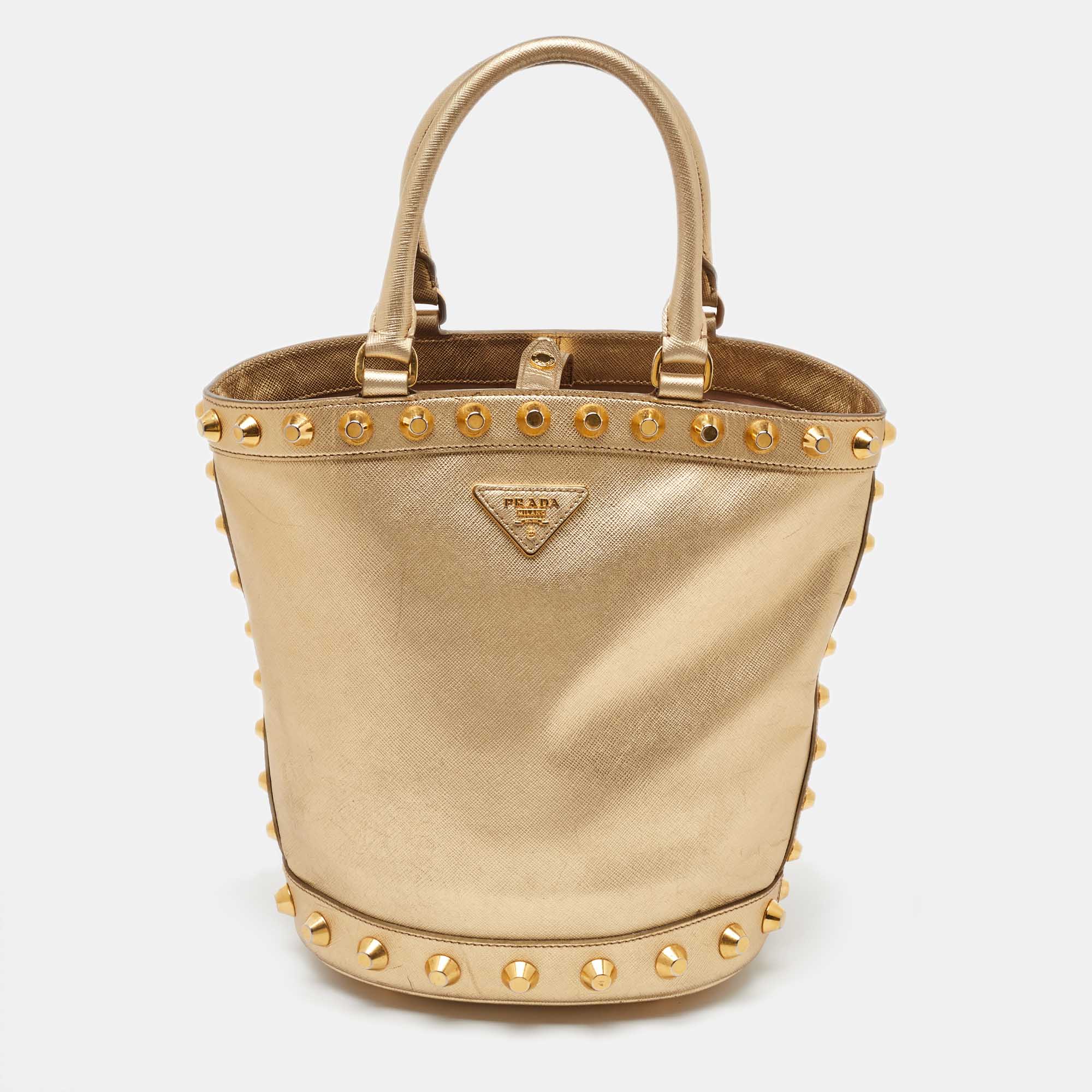 Prada Metallic Gold Saffiano Vernice Leather Studded Satchel
