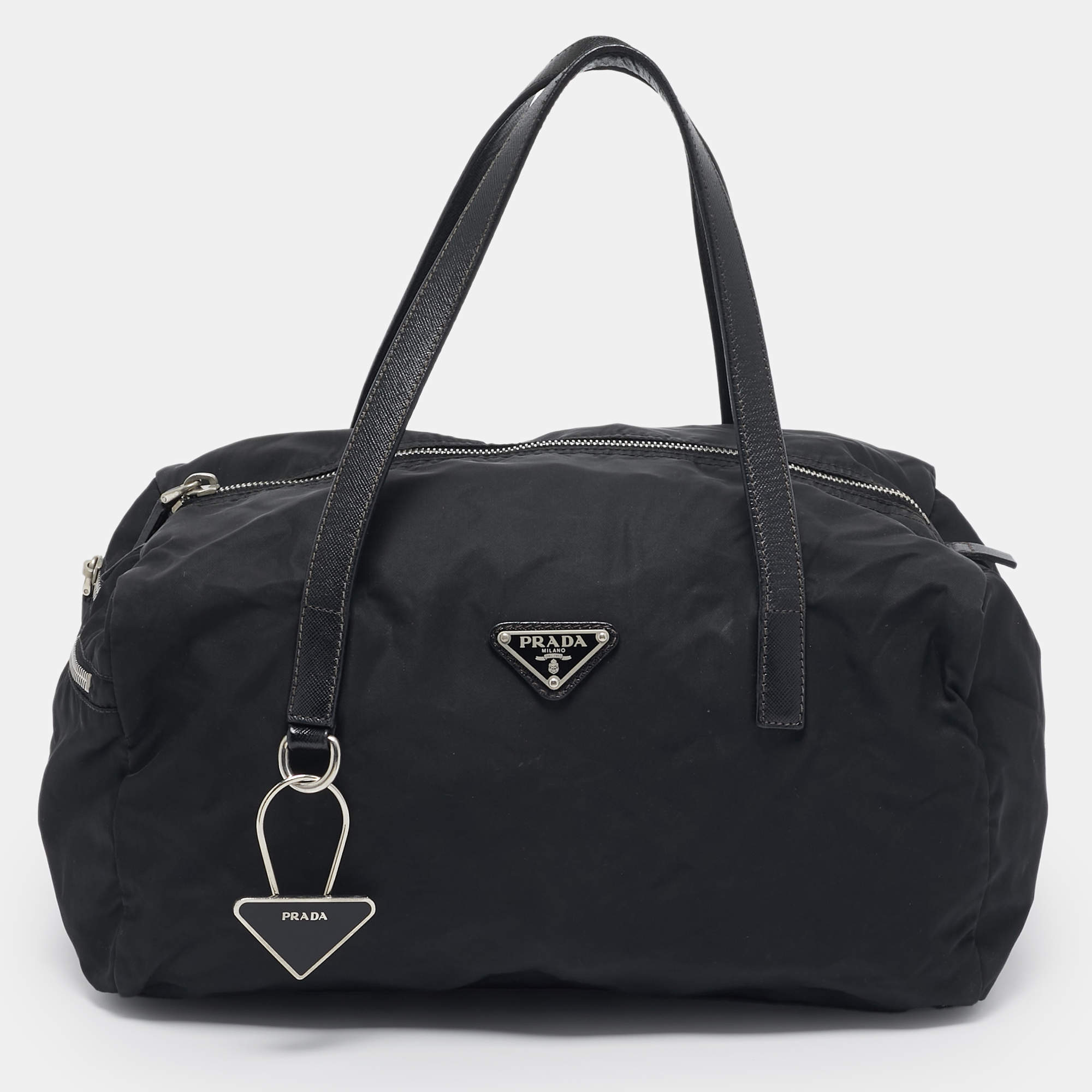 Prada Black Saffiano Leather and Nylon Triangle Logo Duffel Bag