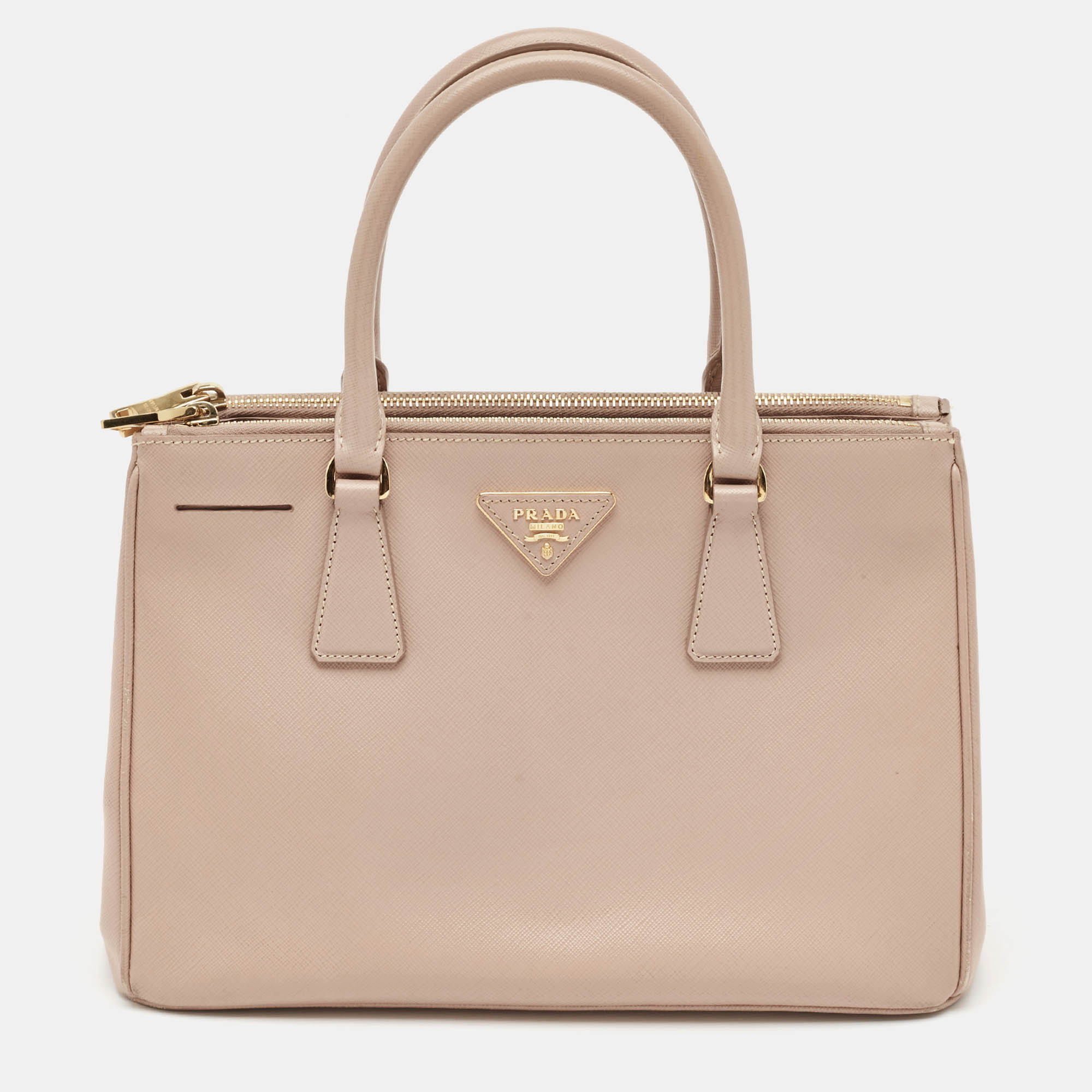 Prada Beige Saffiano Lux Leather Small Double Zip Tote