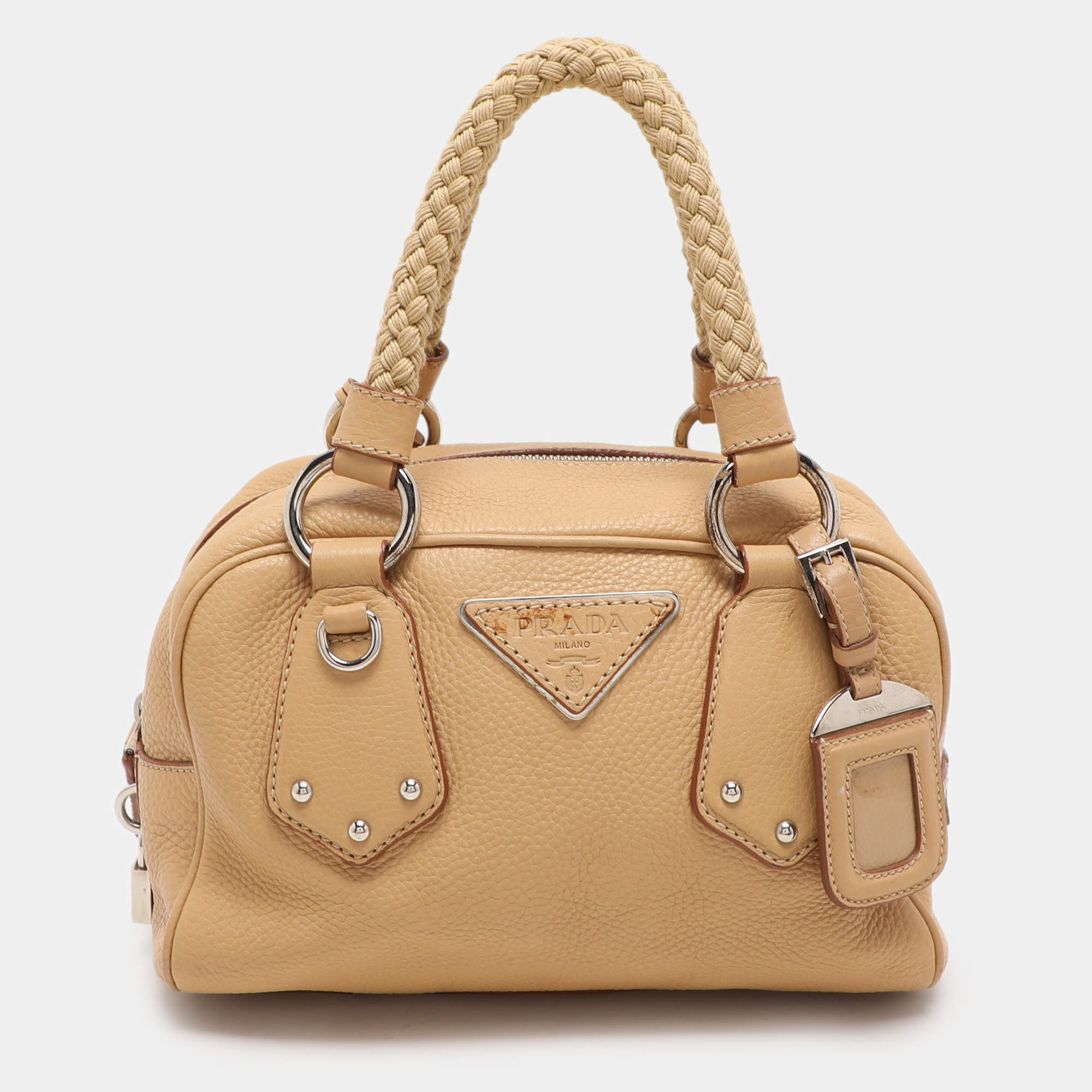 Prada Beige Vitello Daino Leather Rope Handle Bauletto Bowler Bag