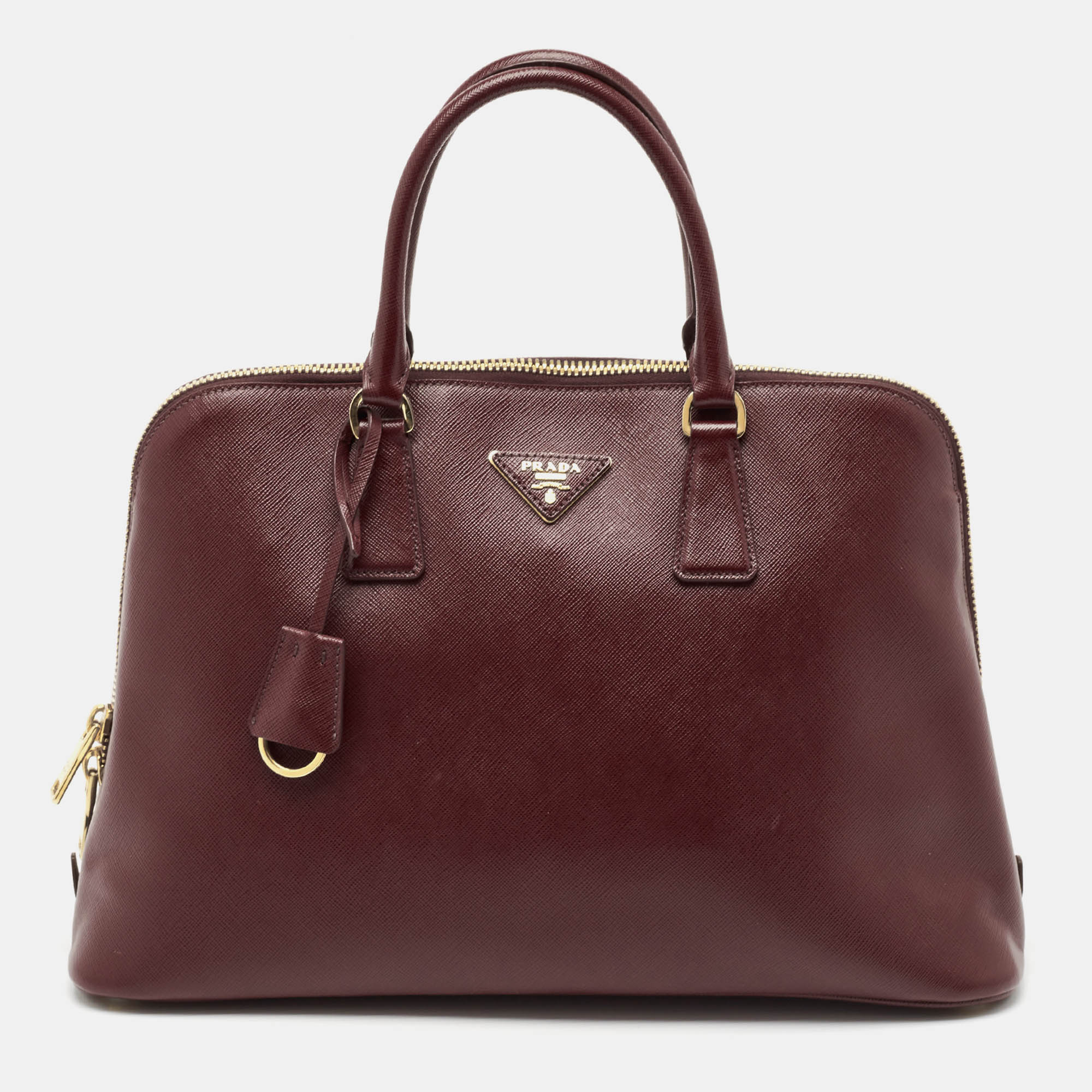 Pre Owned Prada Burgundy Saffiano Lux Leather Large Promenade Satchel
