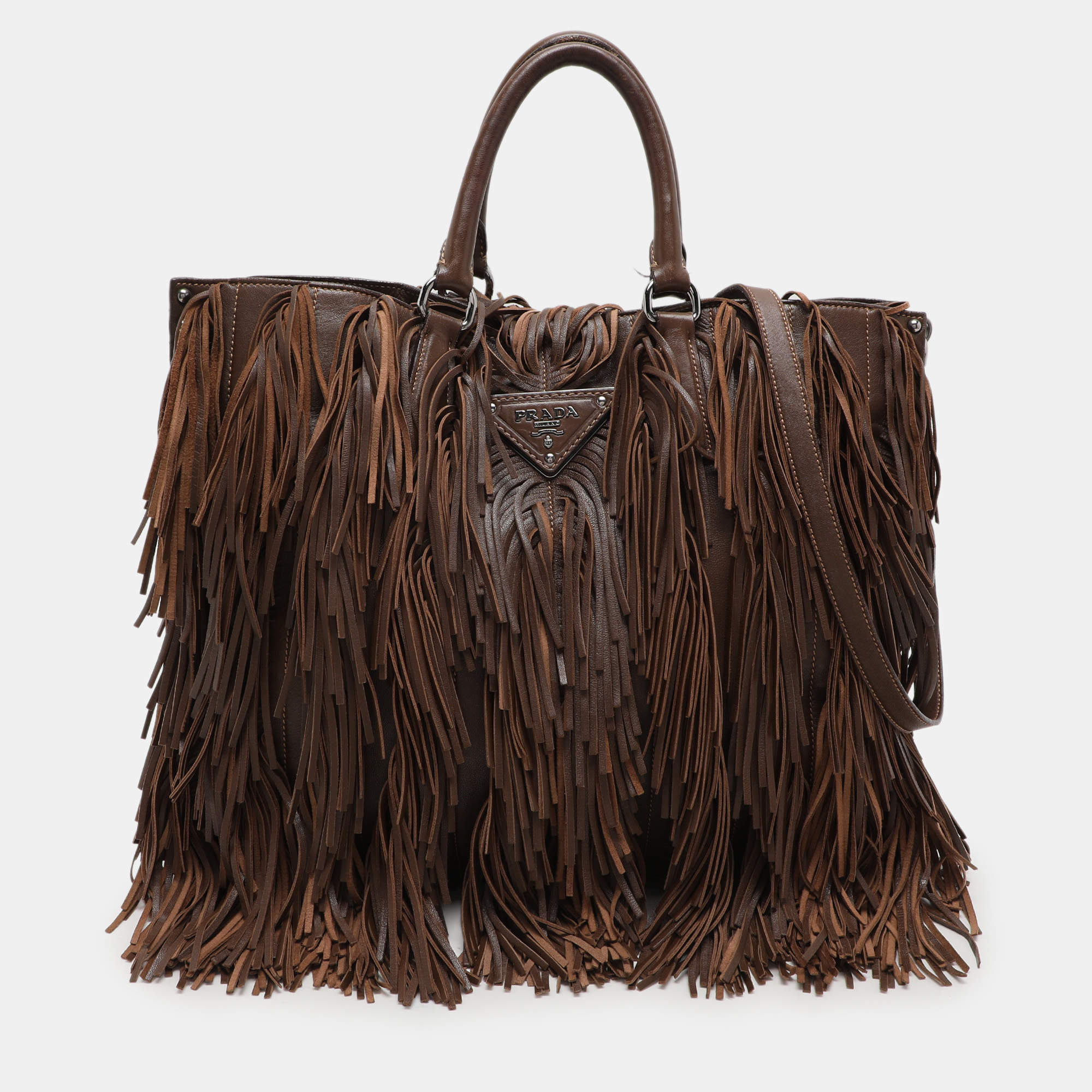 Prada Brown Leather Fringes Tote