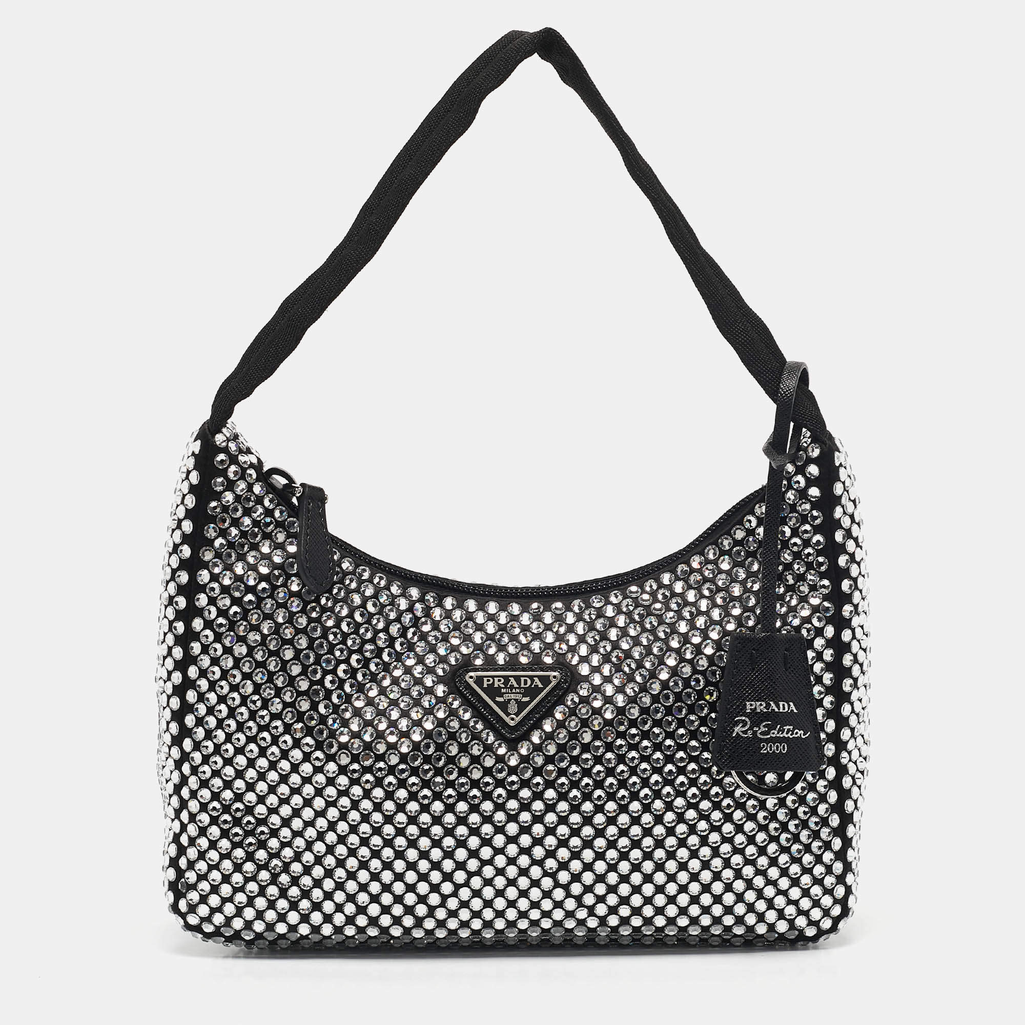 Prada Black Satin and Crystals Re-Edition 2000 Bag