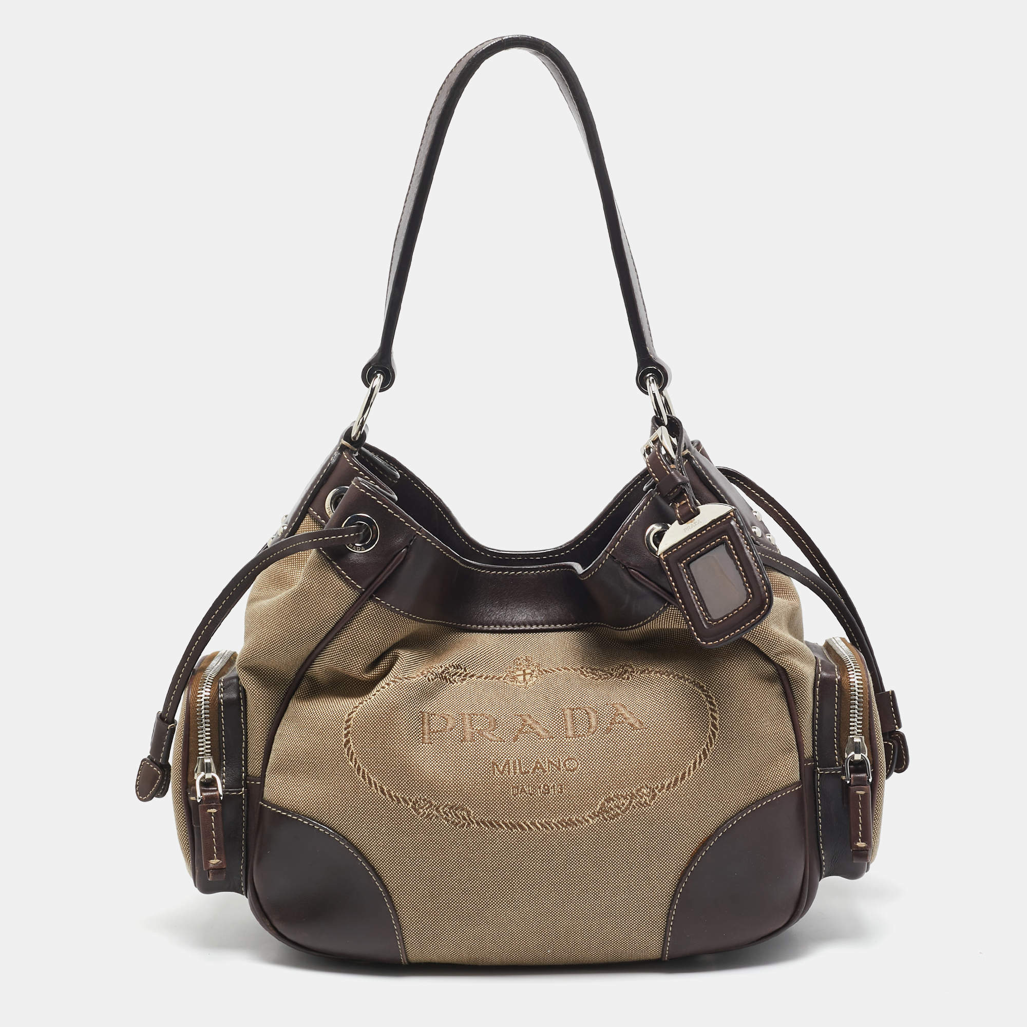 Prada Brown/Beige Logo Jacquard and Leather Side Pocket
