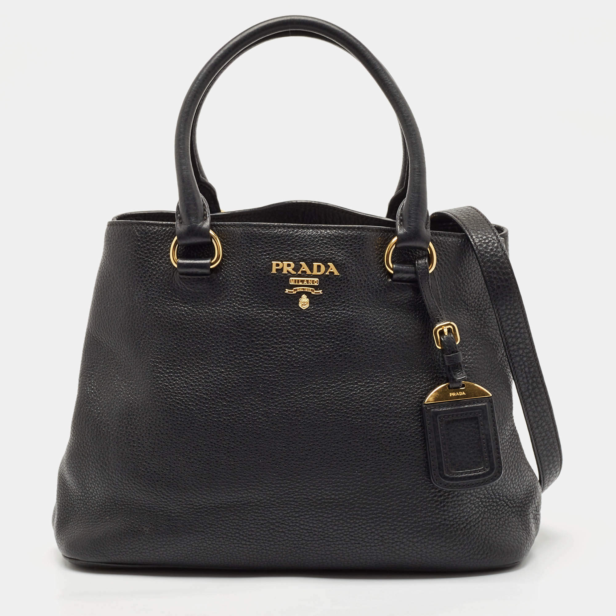 Pre Owned Prada Black Vitello Daino Leather Middle Zip Tote
