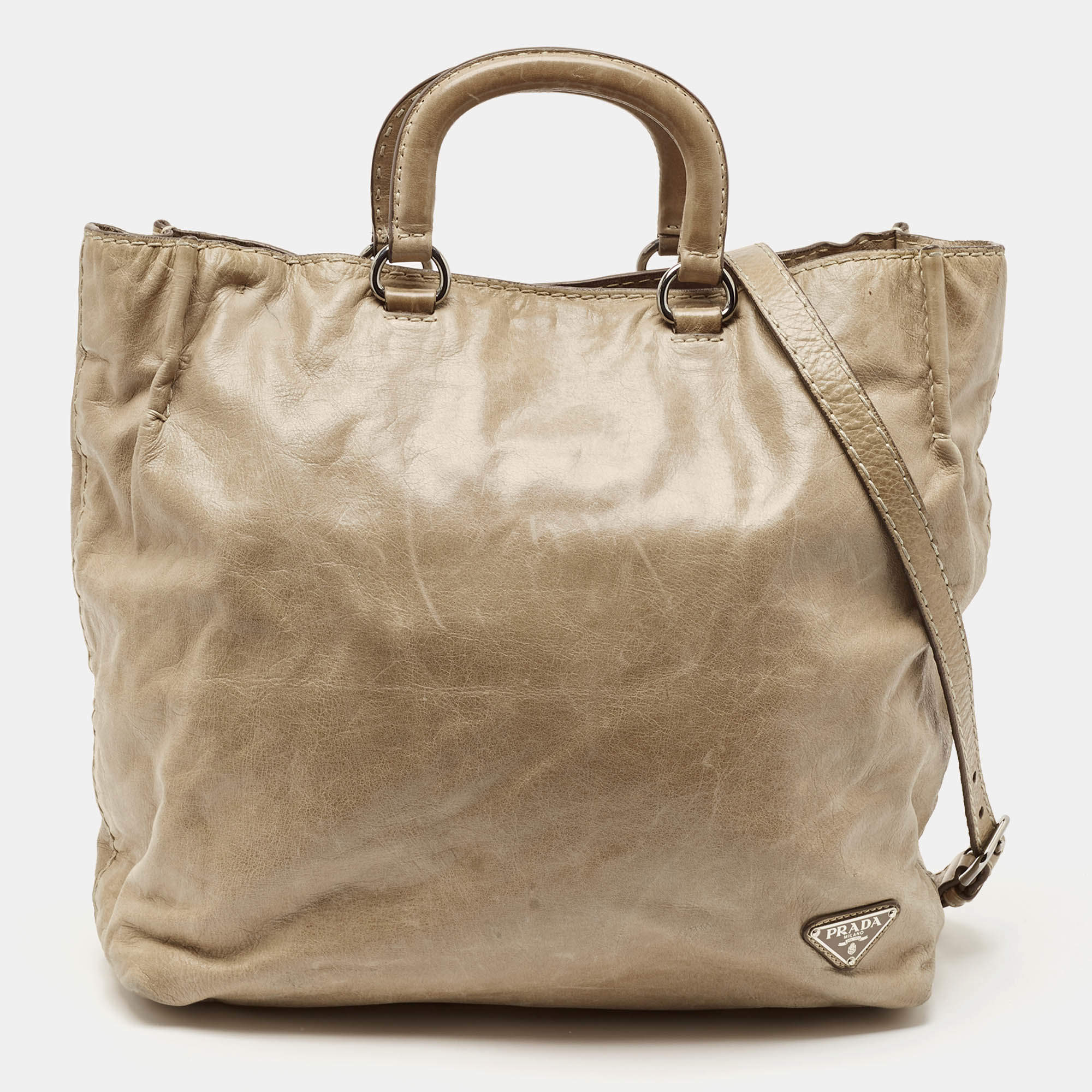 Prada Beige Vitello Shine Leather Snap Tote