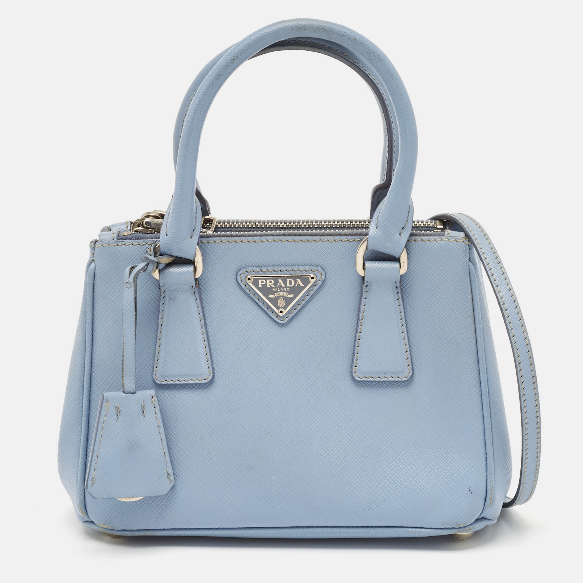 Prada Light Blue Saffiano Lux Leather Mini Double Zip Tote