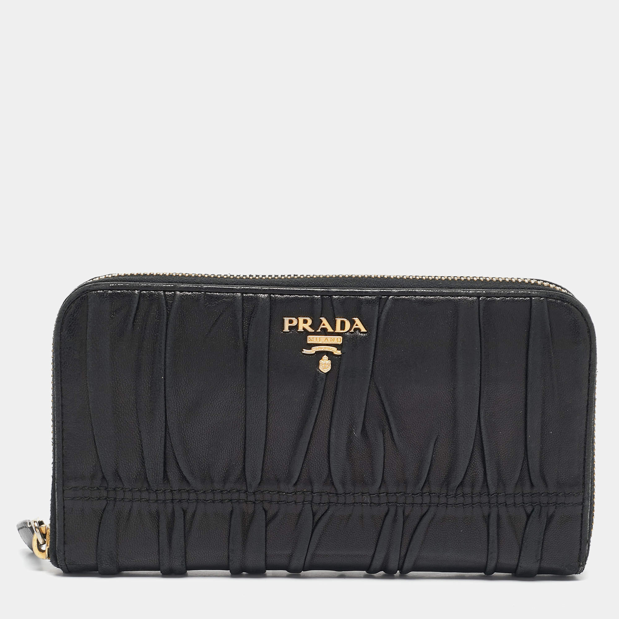 Pre Owned Prada Black Gaufre Leather Zip Continental Wallet