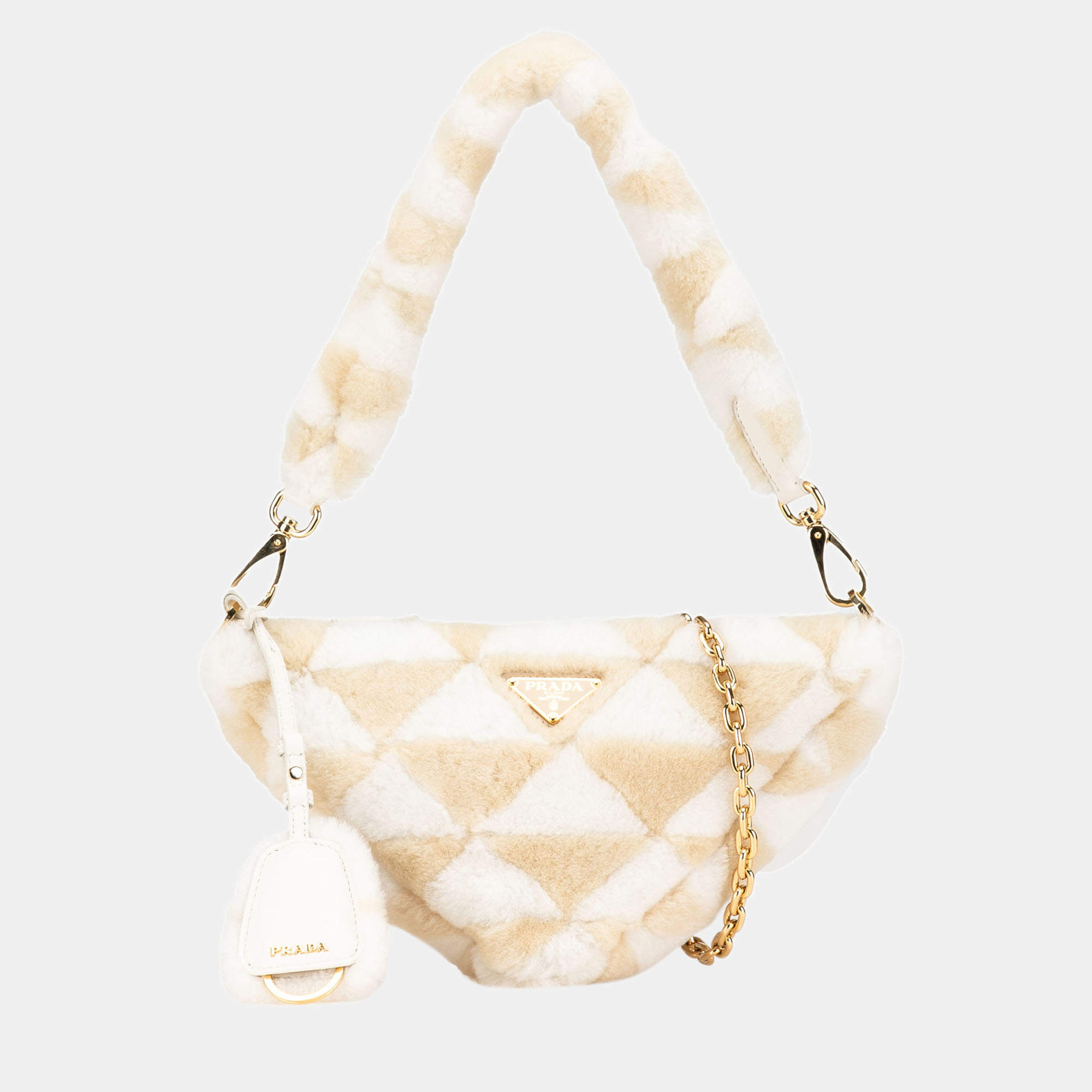 Prada Beige Brown Mini Shearling Symbole Triangle Satchel