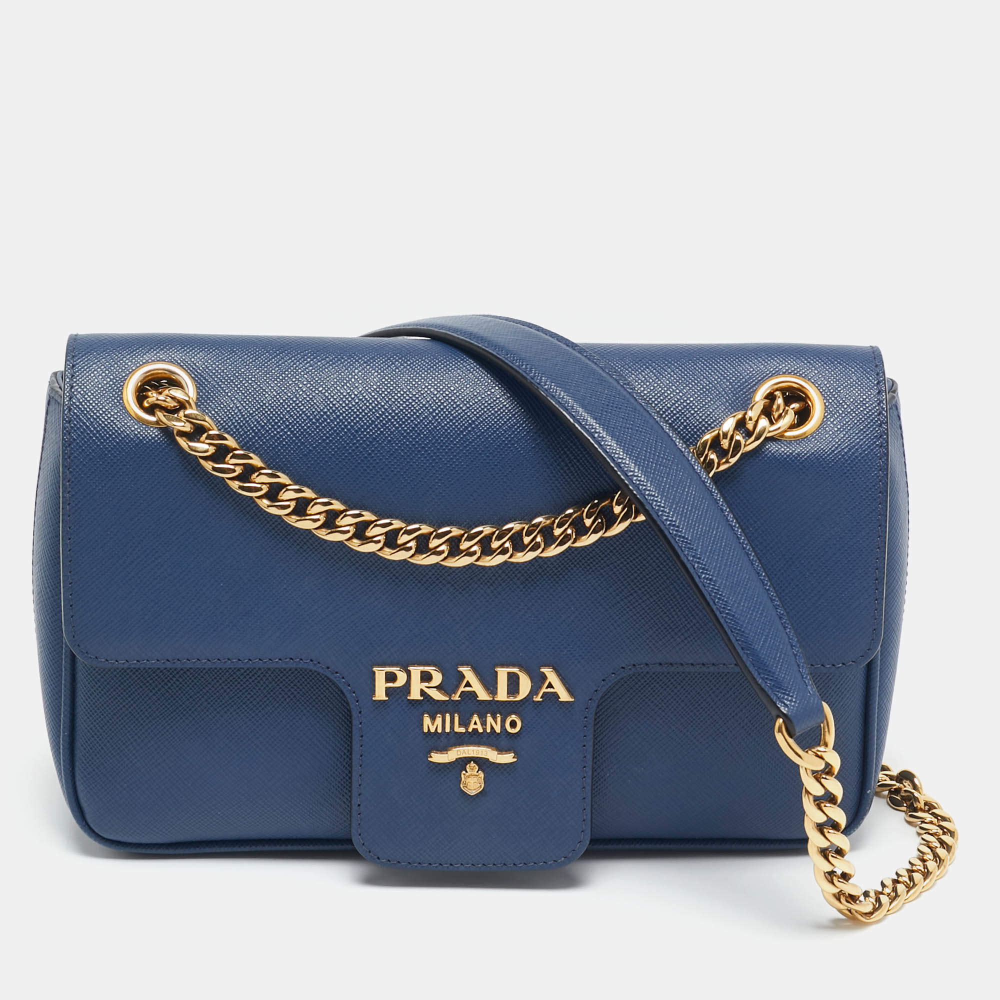 Pre Owned Prada Blue Saffiano Leather Flap Chain Shoulder Bag