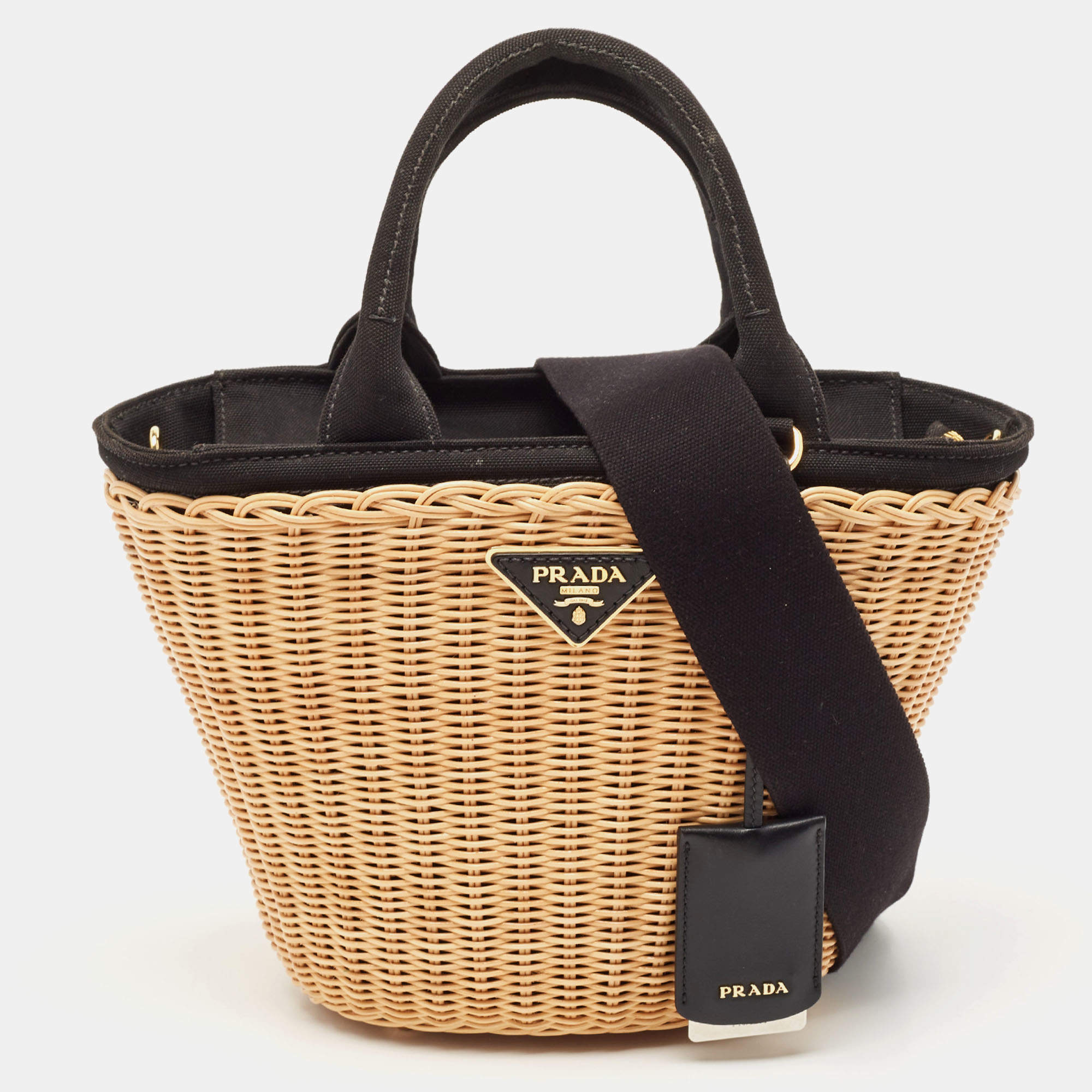 مملوكة مسبقًا Prada Black/Natural Wicker and Canvas Panier Bag