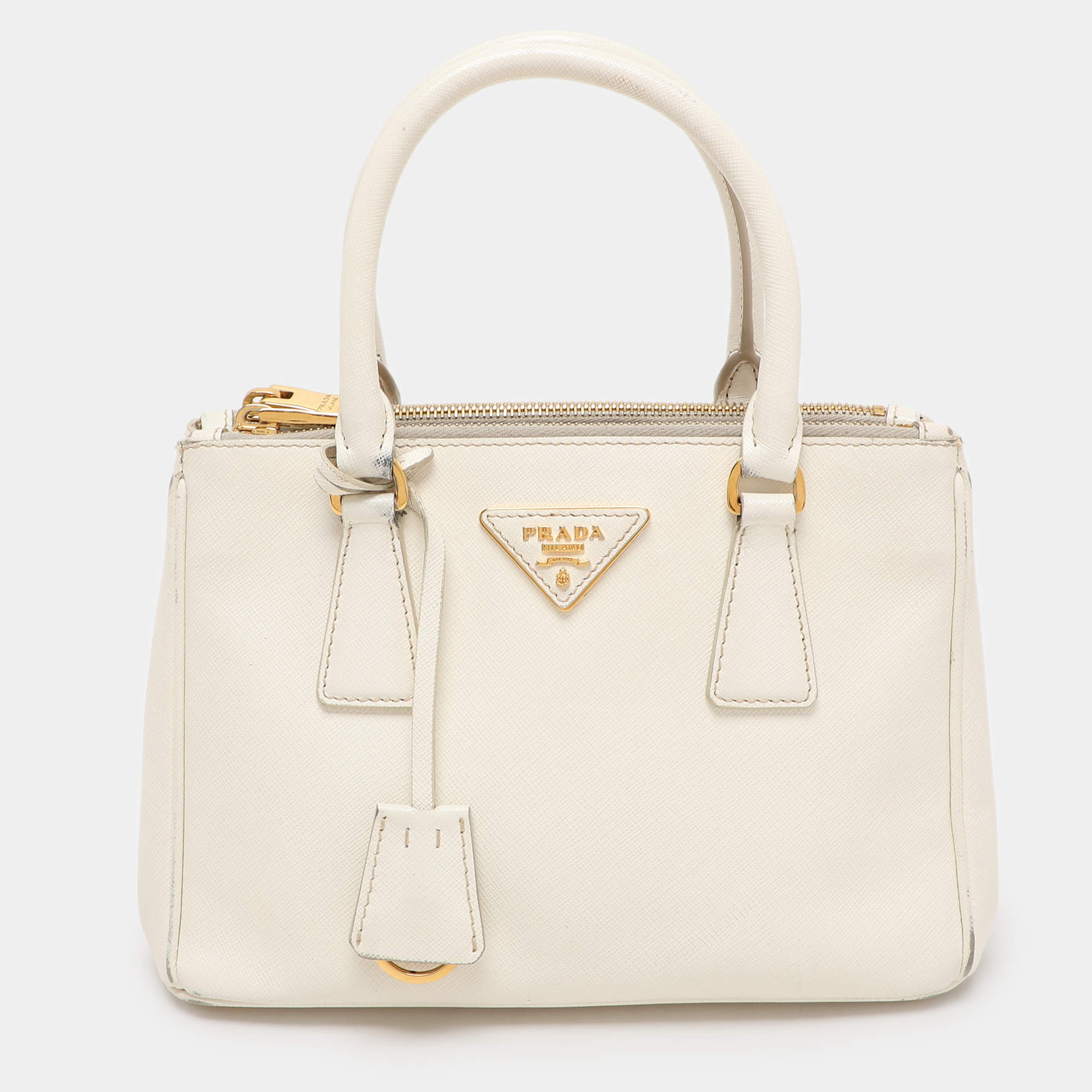 Prada White Saffiano Leather Double Zip Tote