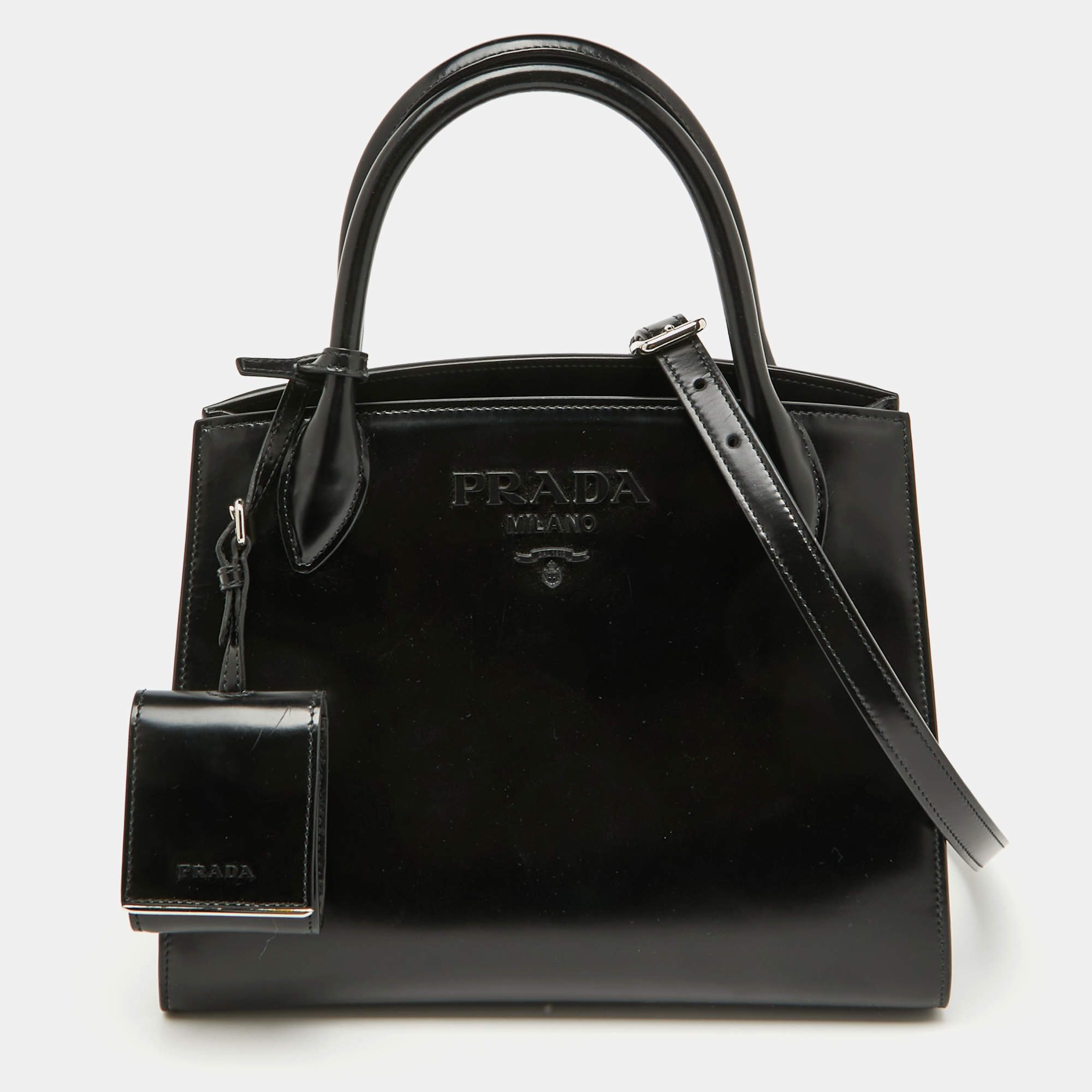 Pre Owned Prada Black Leather Small Monochrome Tote