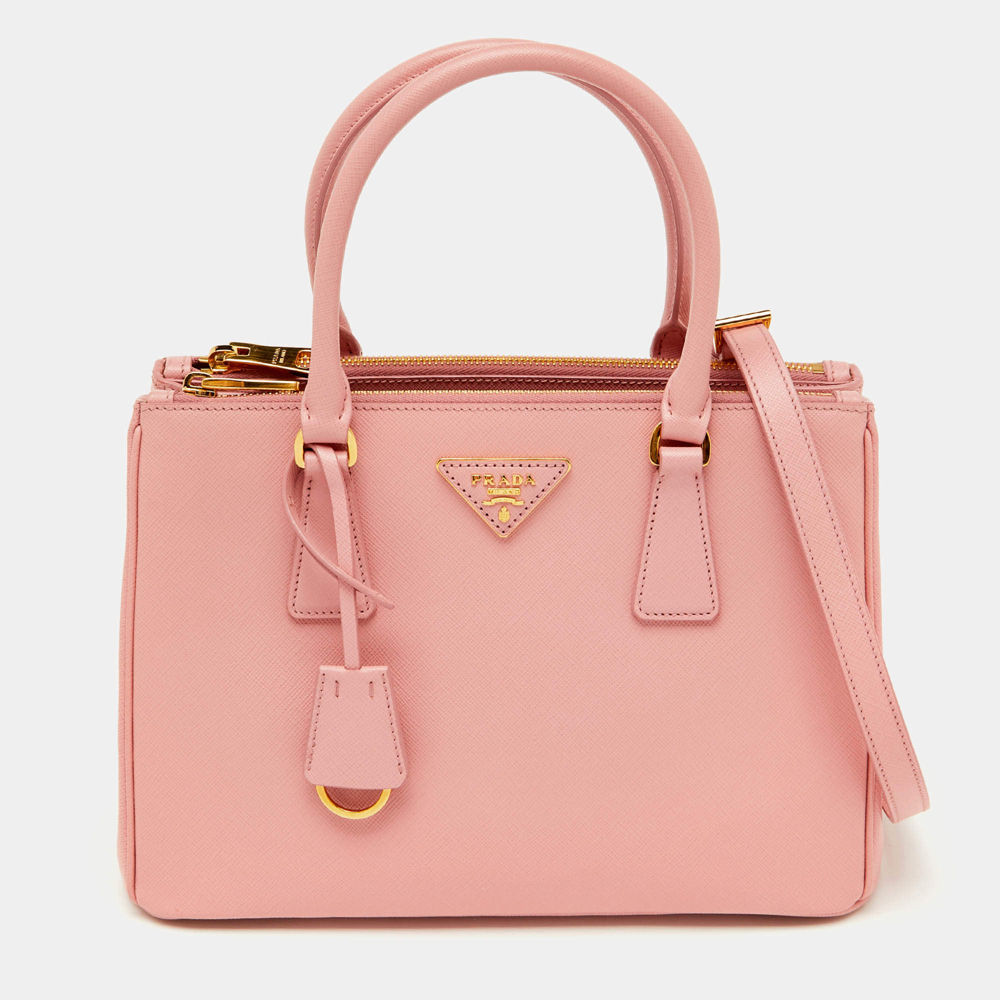 Pre Owned Prada Light Pink Leather Medium Galleria Double Zip Tote