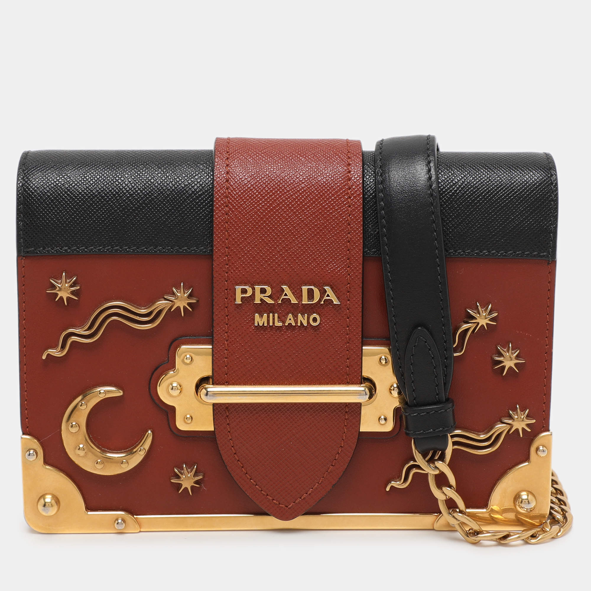 Pre Owned Prada Brick Red/Black Leather Astrology Celestial Cahier Crossbody Bag
