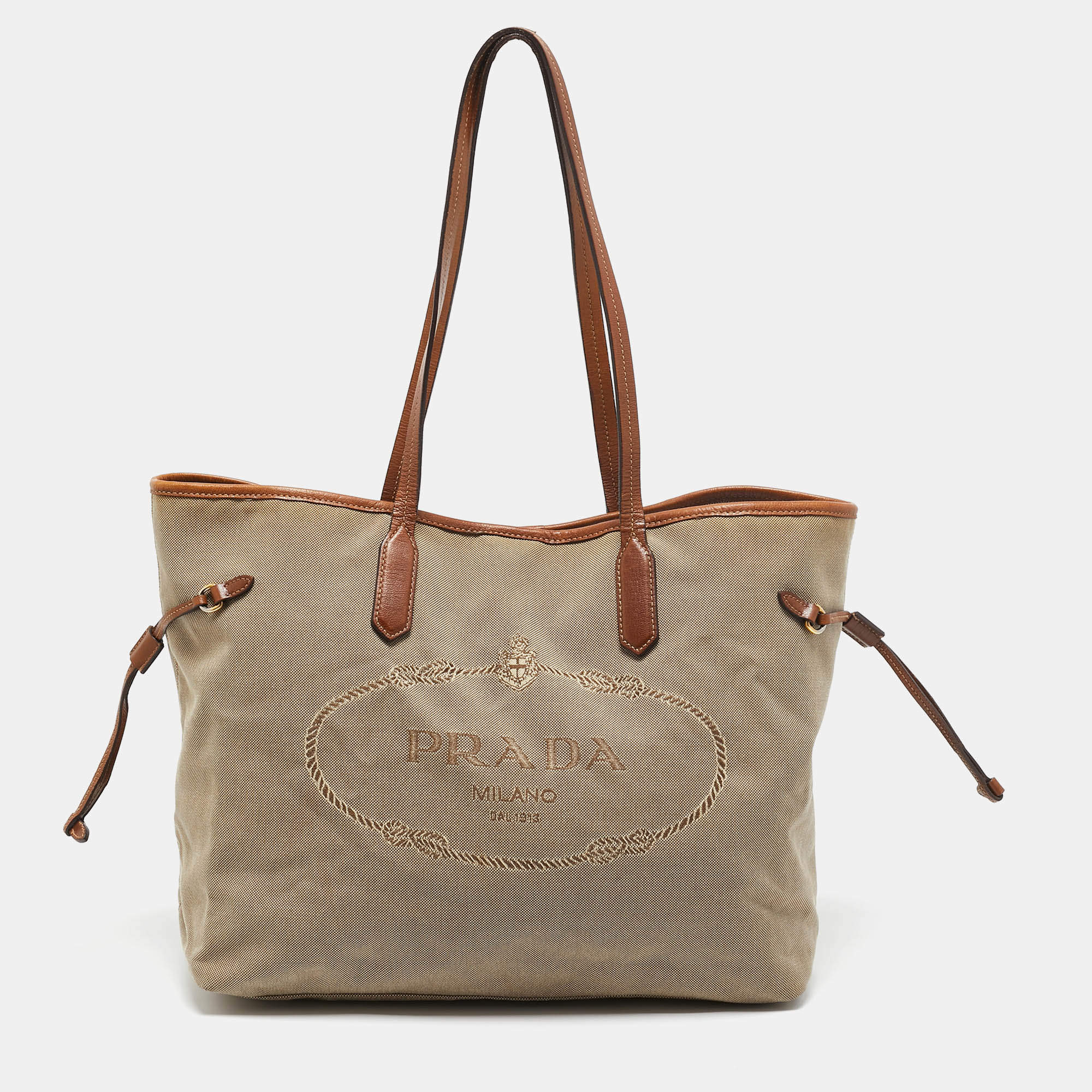 Pre Owned Prada Beige/Brown Logo Jacquard and Leather Shopper Tote
