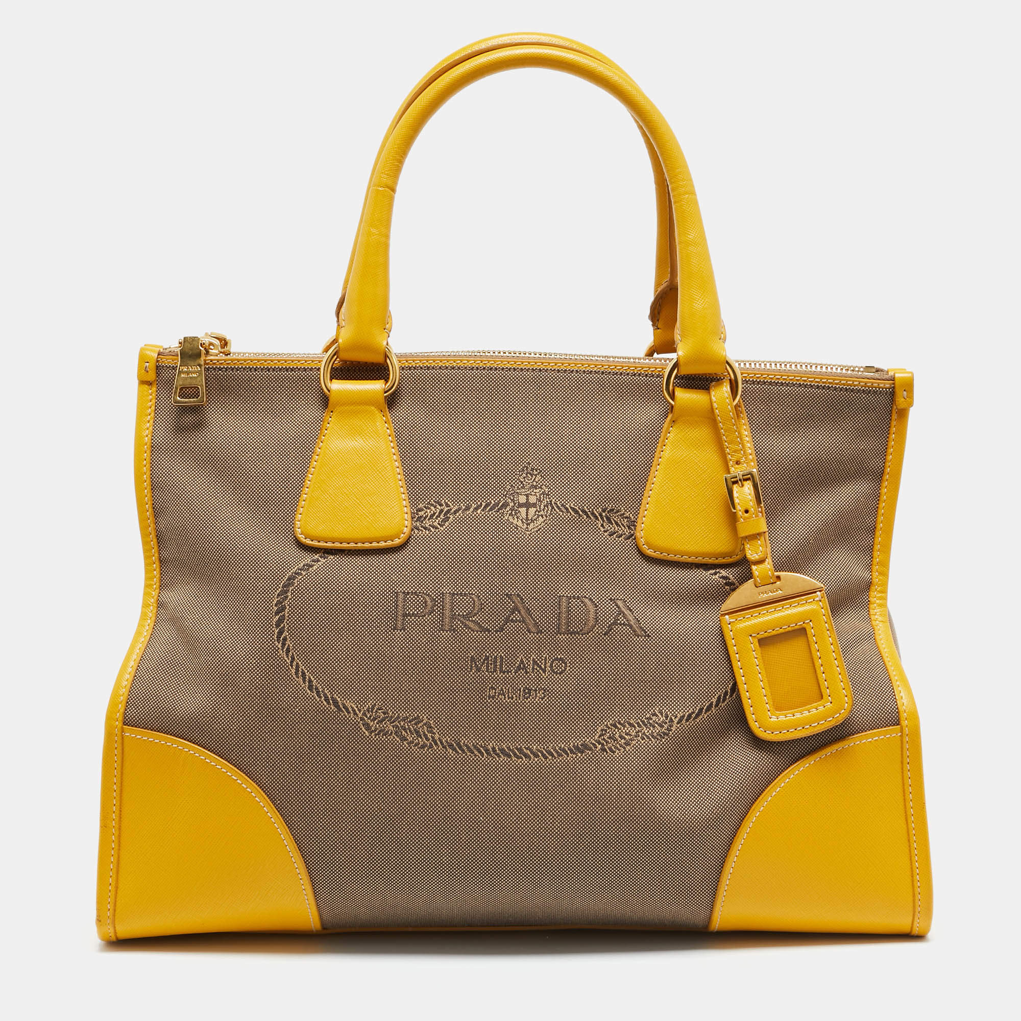 Pre Owned Prada Yellow/Beige Logo Jacquard and Leather Double Zip Tote