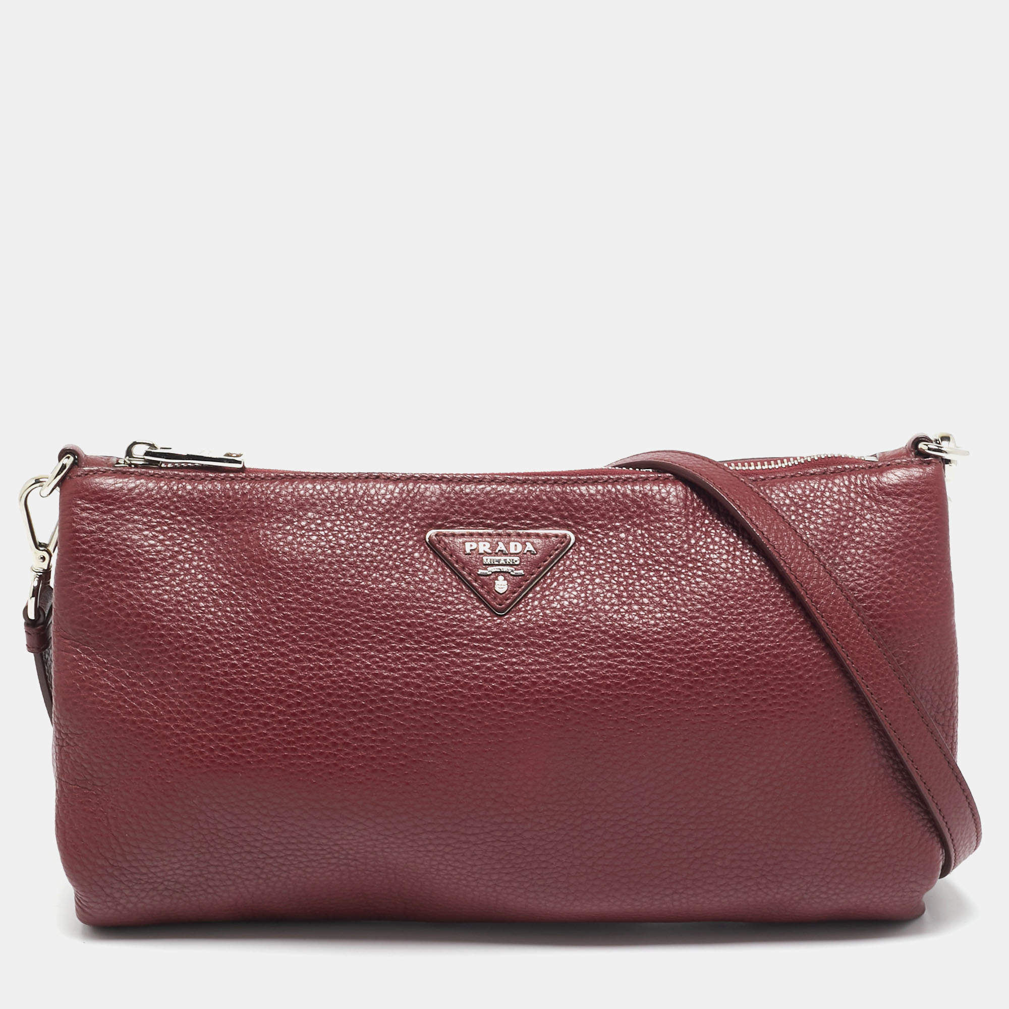 Pre Owned Prada Burgundy Leather Triangle Logo Crossbody Bag