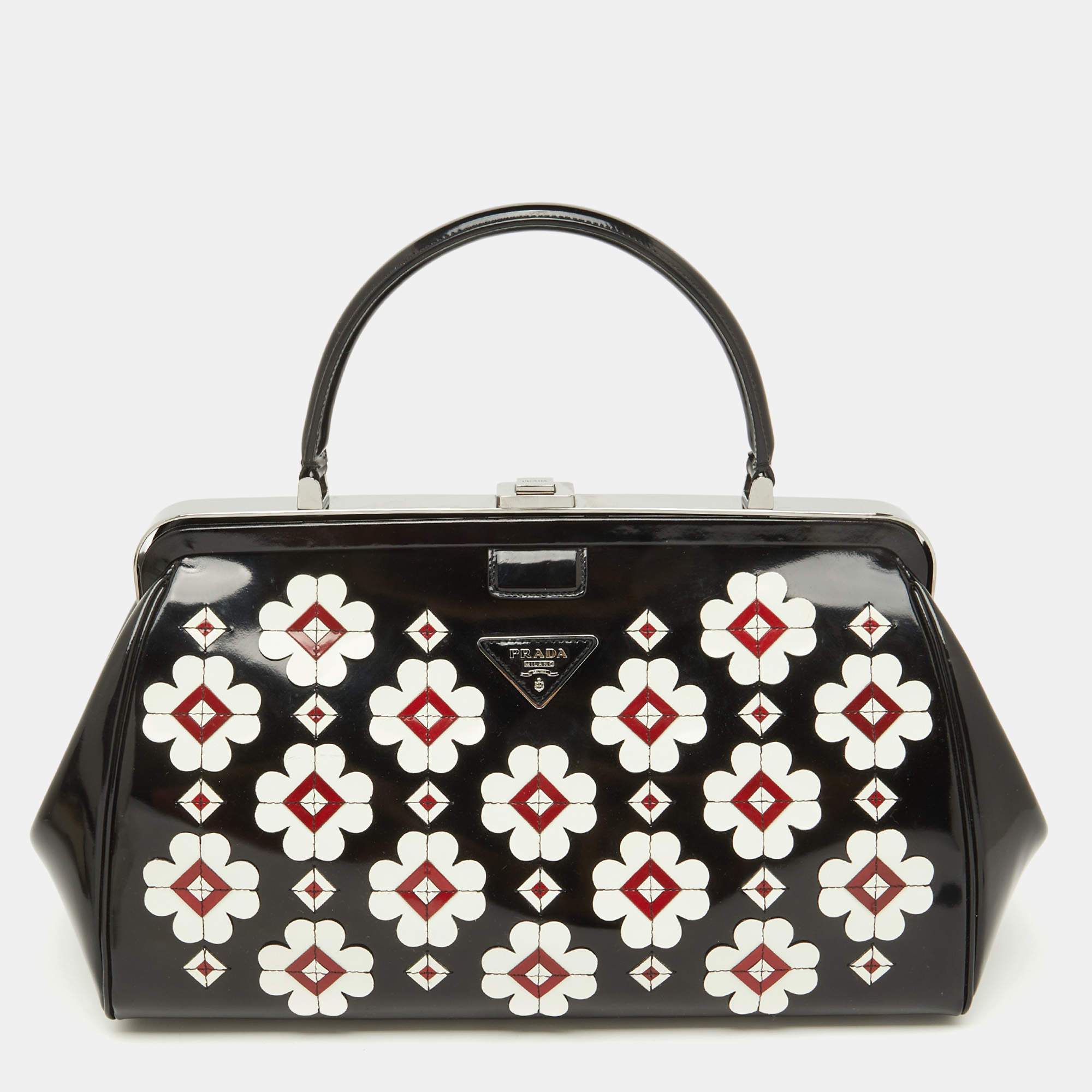 Prada Black Patent Leather Floral Applique Frame Doctor Top Handle Bag