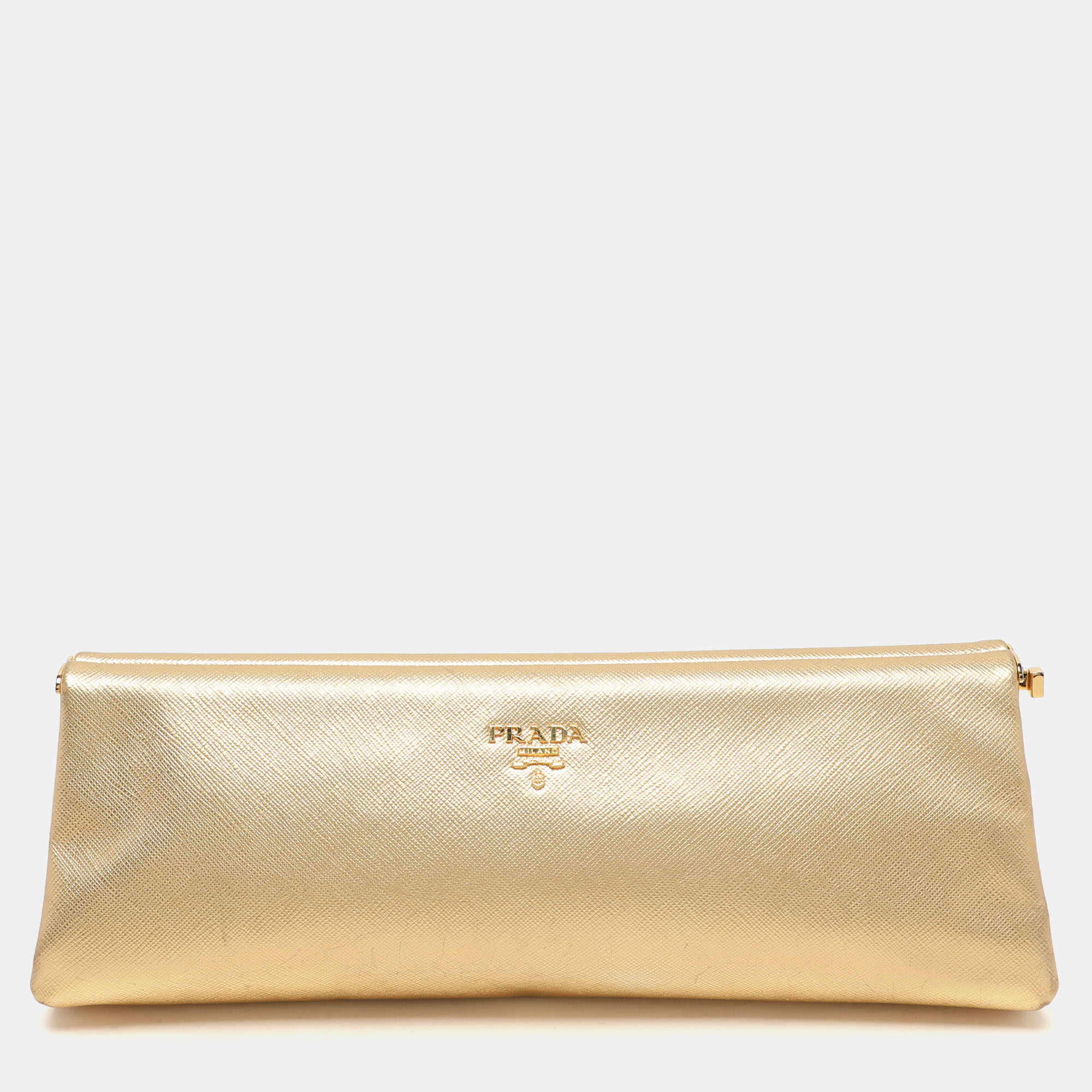 Pre Owned Prada Gold Saffiano Lux Leather East-West Frame Clutch