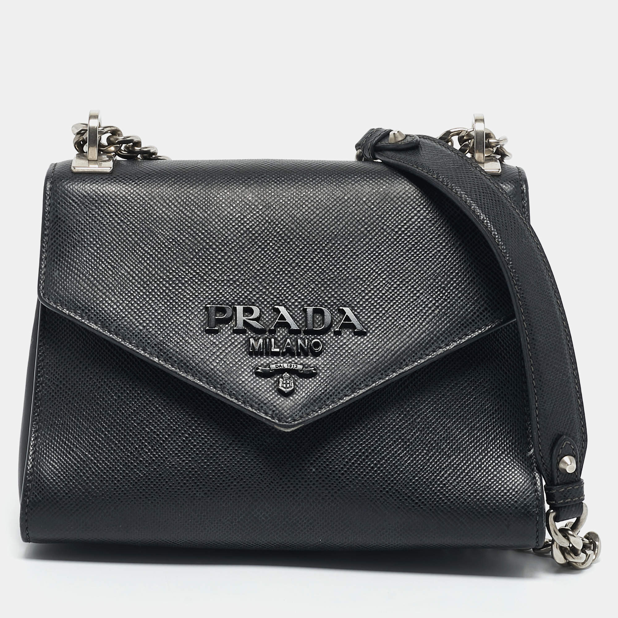 Pre Owned Prada Black Saffiano Leather Small Monochrome Flap Shoulder Bag