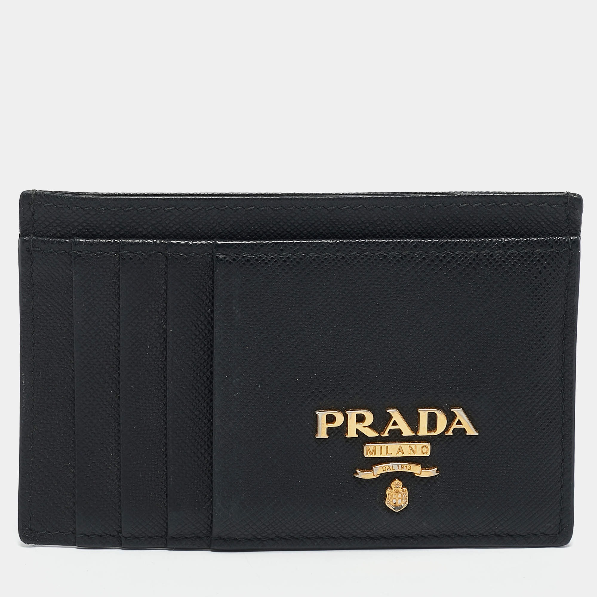 Pre Owned Prada Black Saffiano Leather Metal Logo Card Case