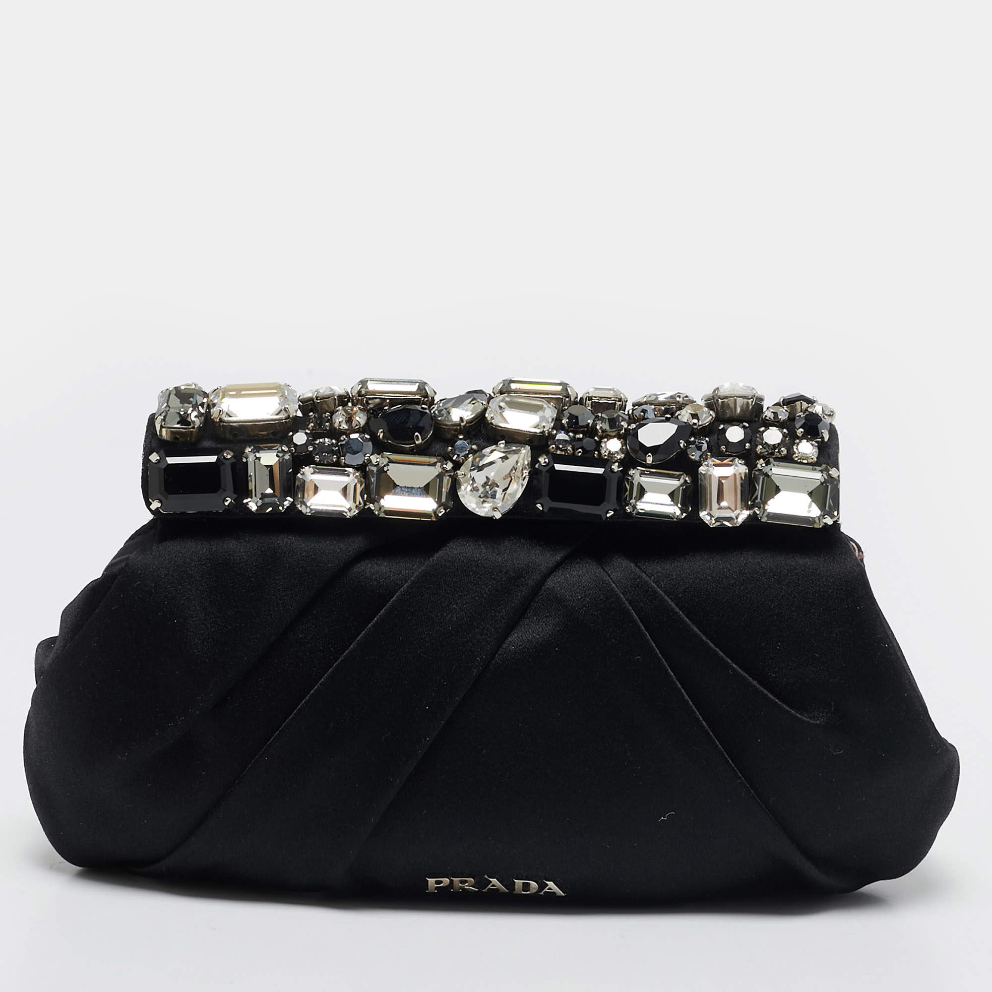 Pre Owned Prada Black Pleated Satin Crystals Embellished Frame Clutch