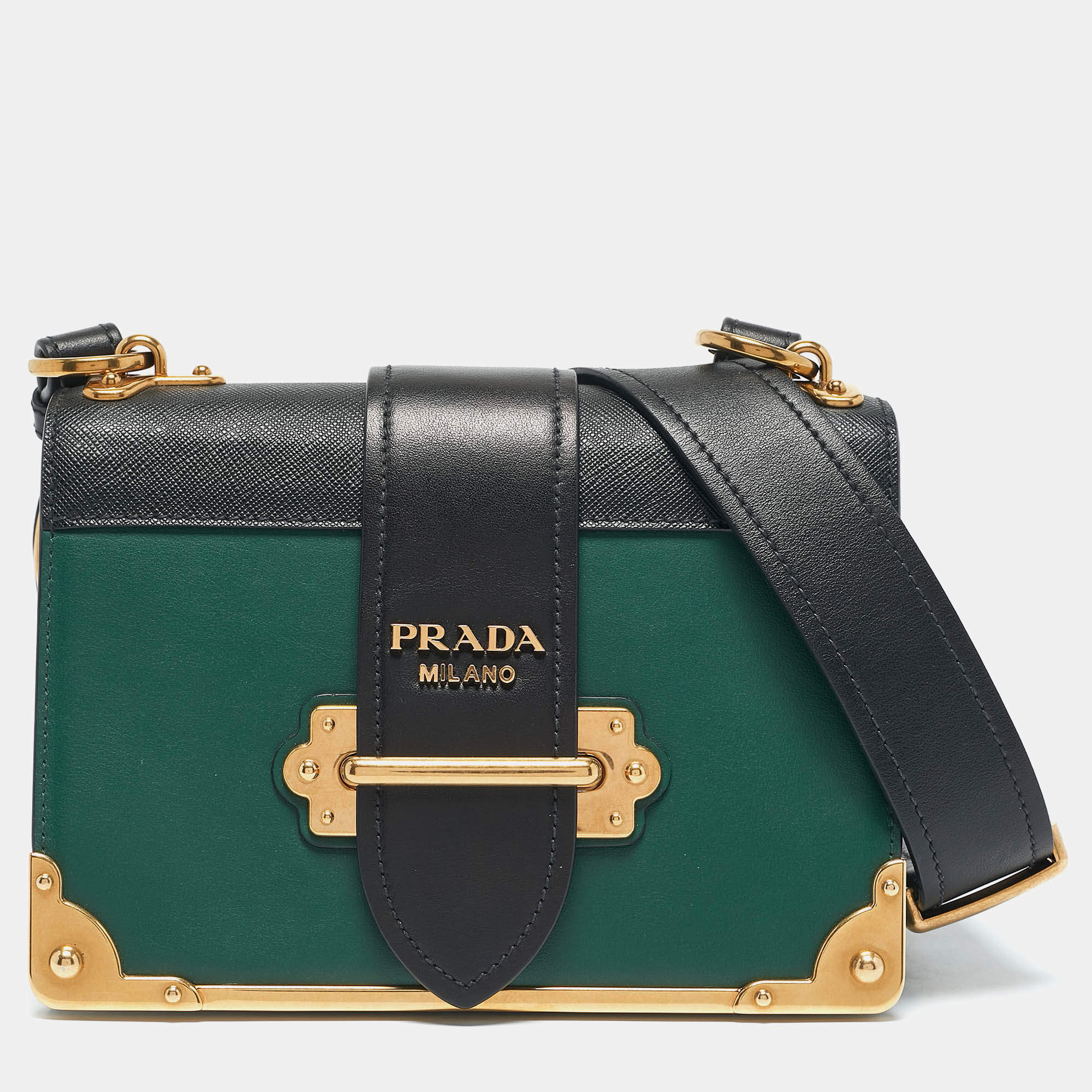 Prada Green/Black Leather Cahier Flap Shoulder Bag