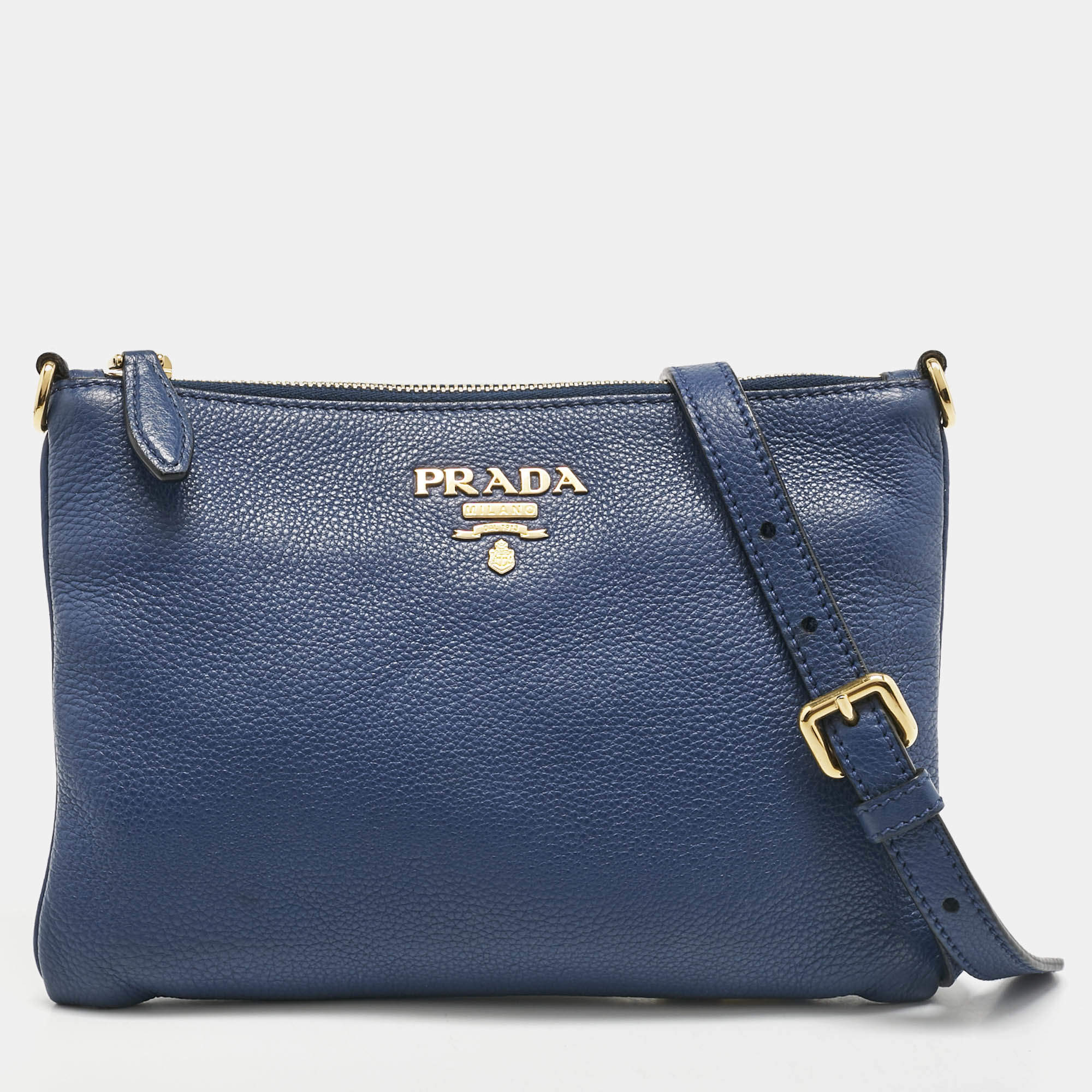 Prada Blue Vitello Phoenix Leather Single Zip Crossbody Bag