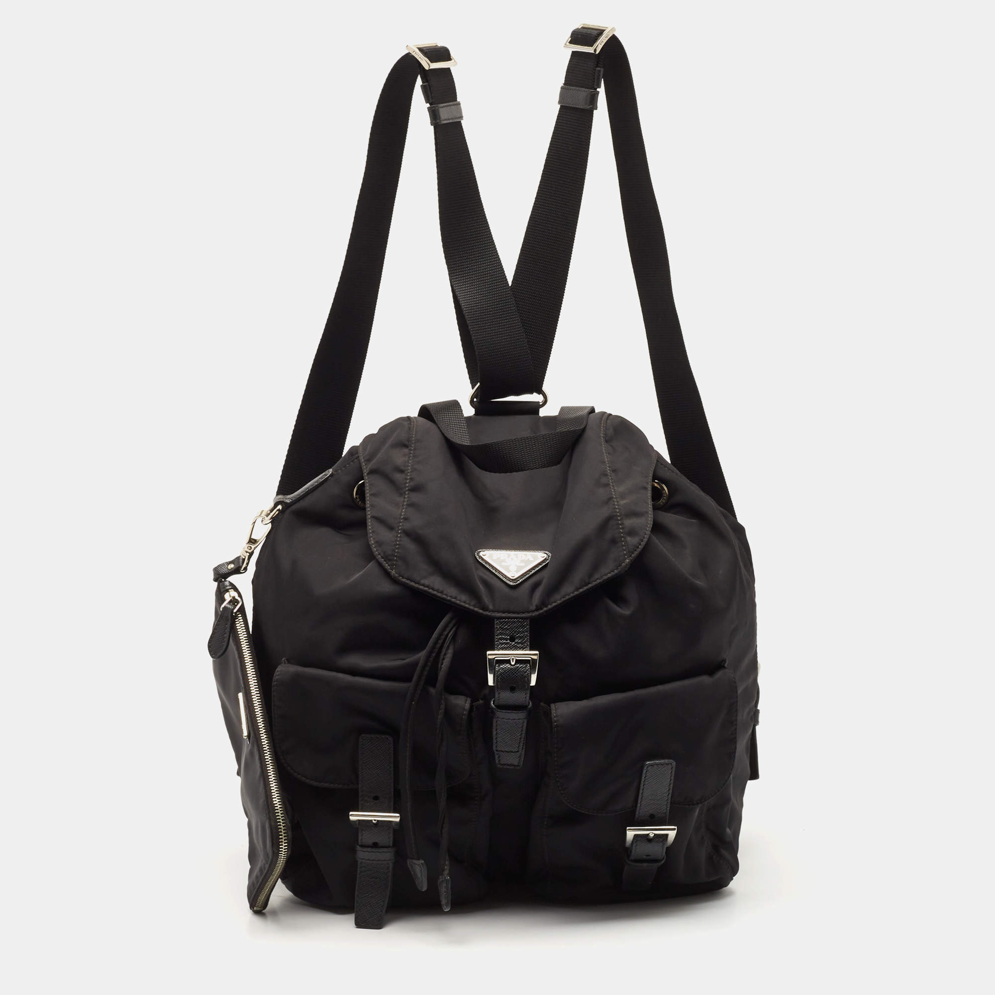 مملوكة مسبقًا Prada Black Nylon and Leather Double Pocket Drawstring Backpack