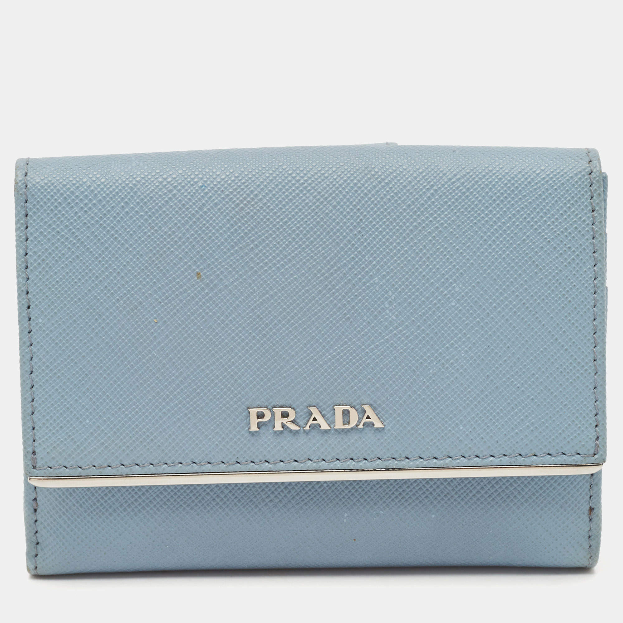 Prada Light Blue Leather Metal Bar French Wallet