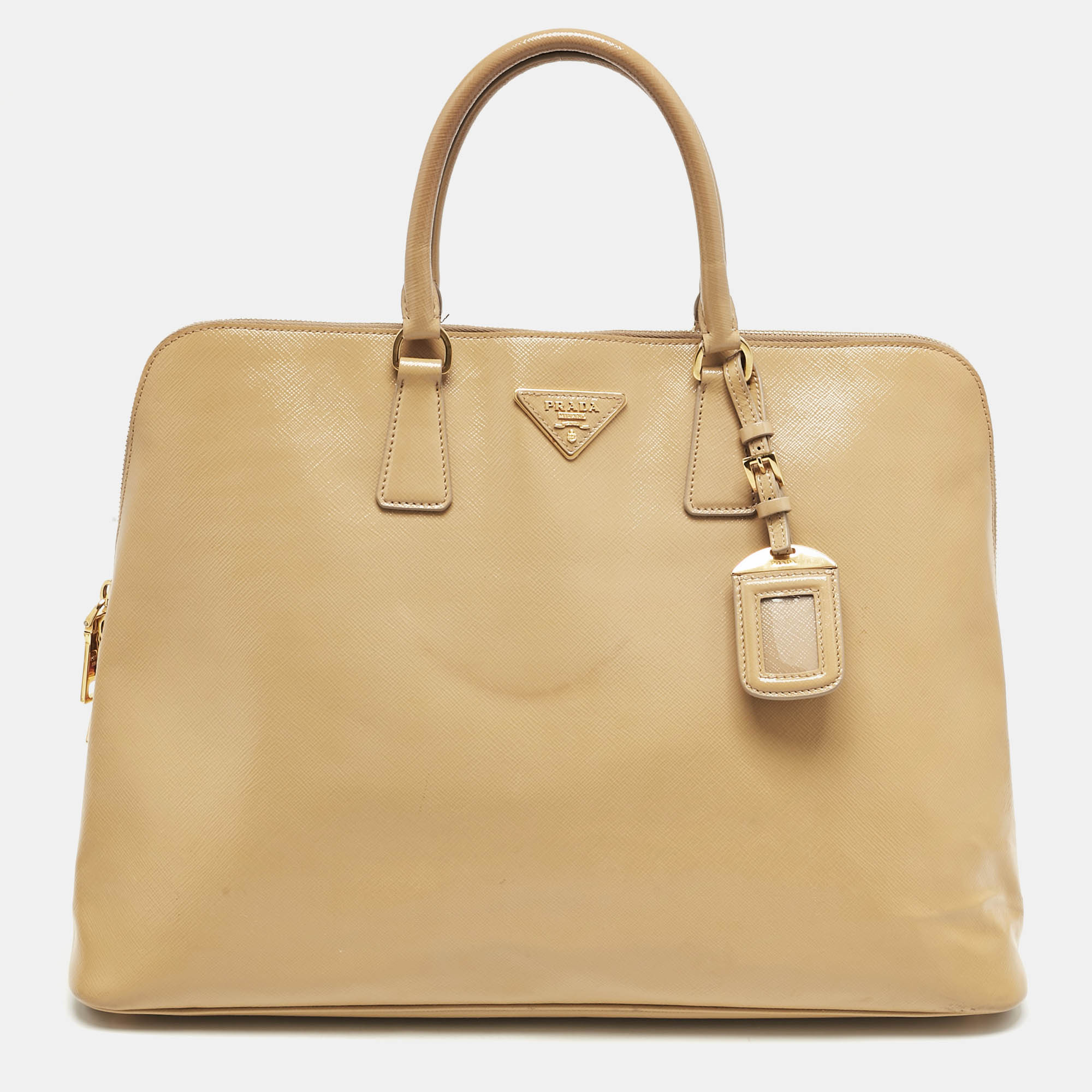 Prada Tan Saffiano Vernise Oversized Zip Satchel