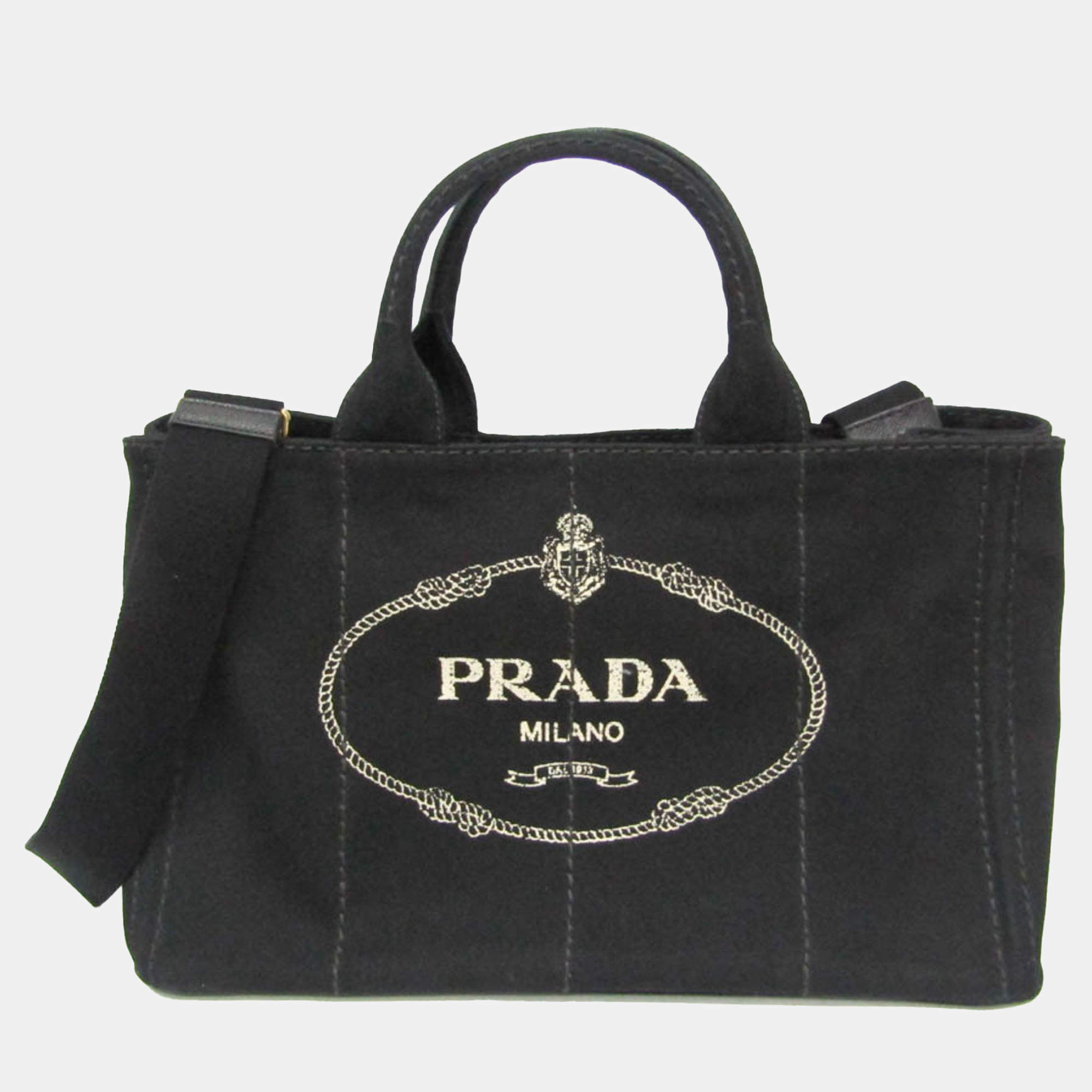 Prada Black Canapa Canvas Top Handle Shoulder Bag