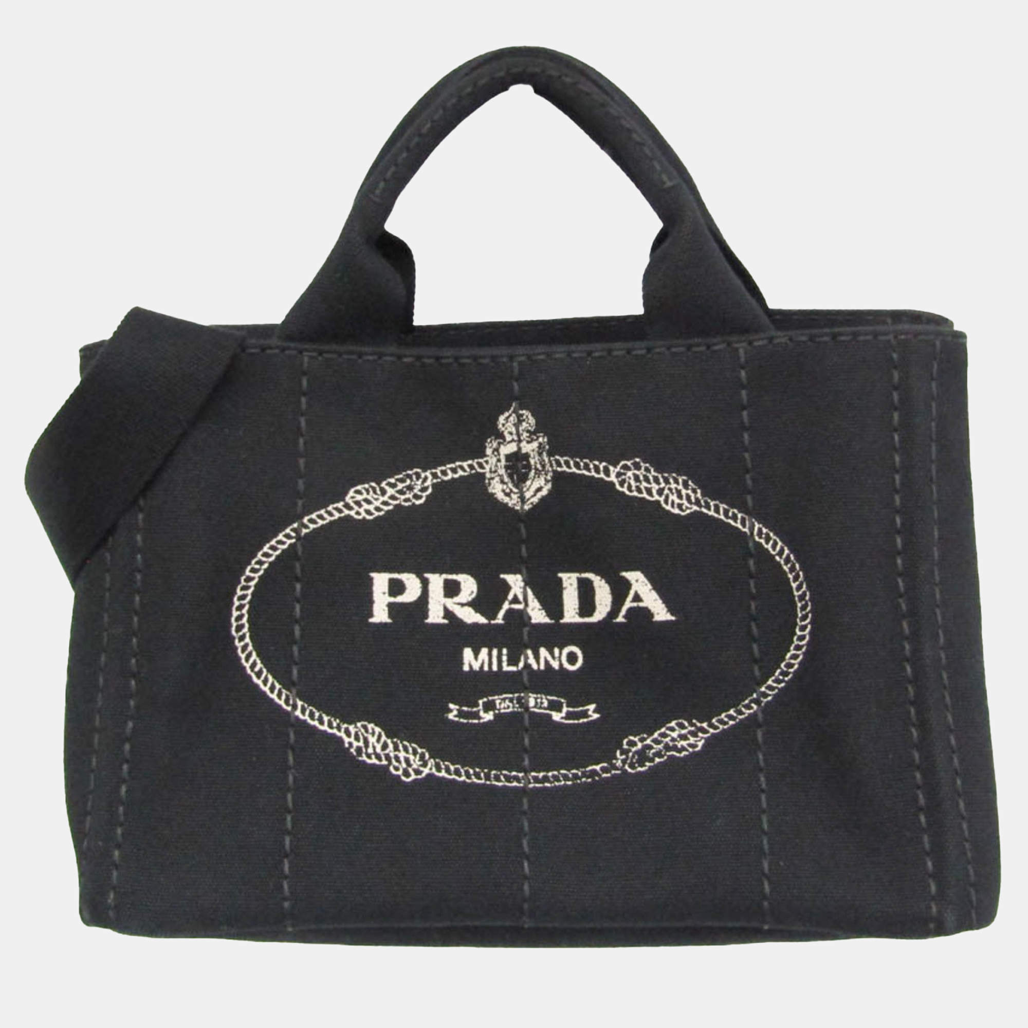 Prada Black Canapa Canvas Top Handle Shoulder Bag