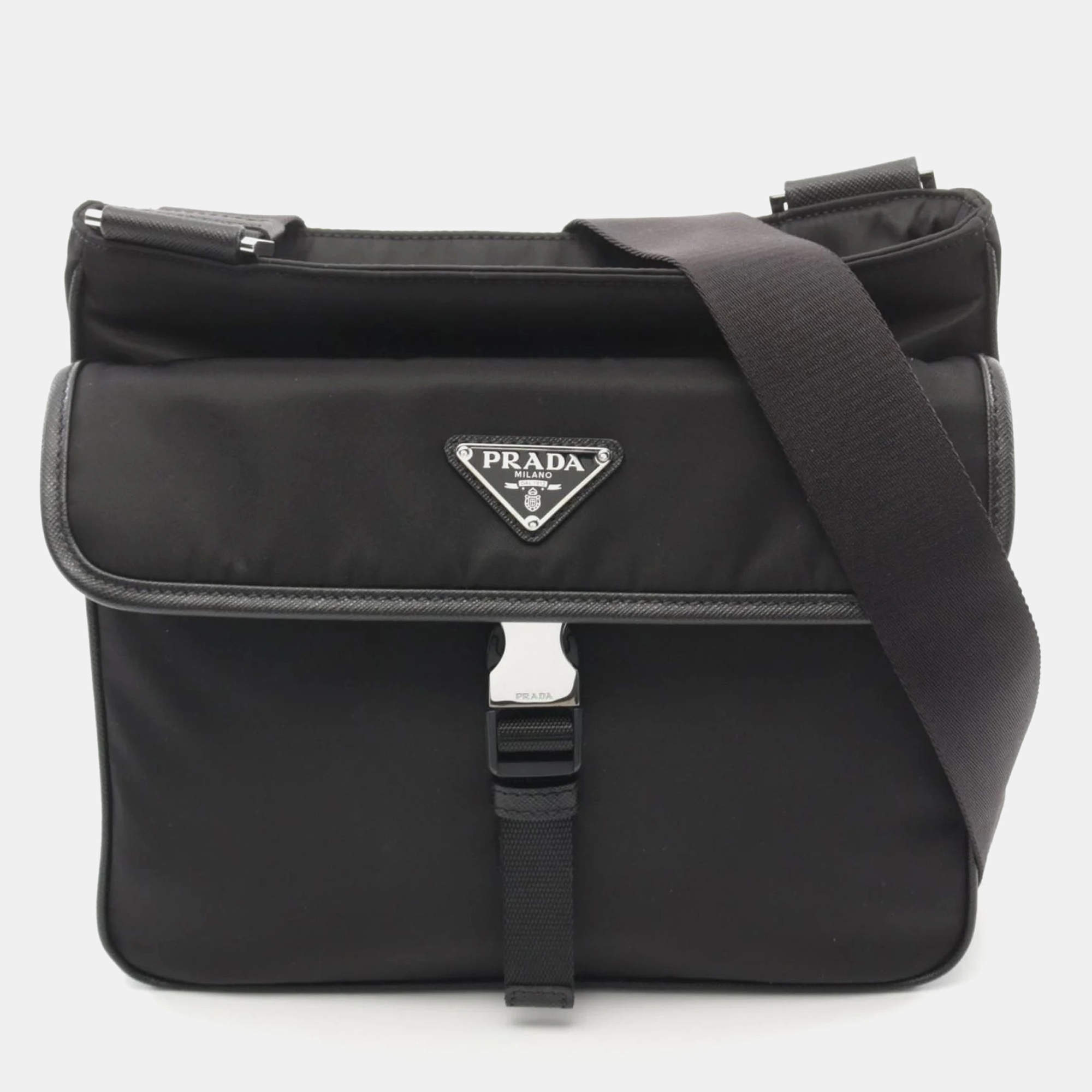 Prada Black Nylon Saffiano Leather Tessuto Shoulder Bag 