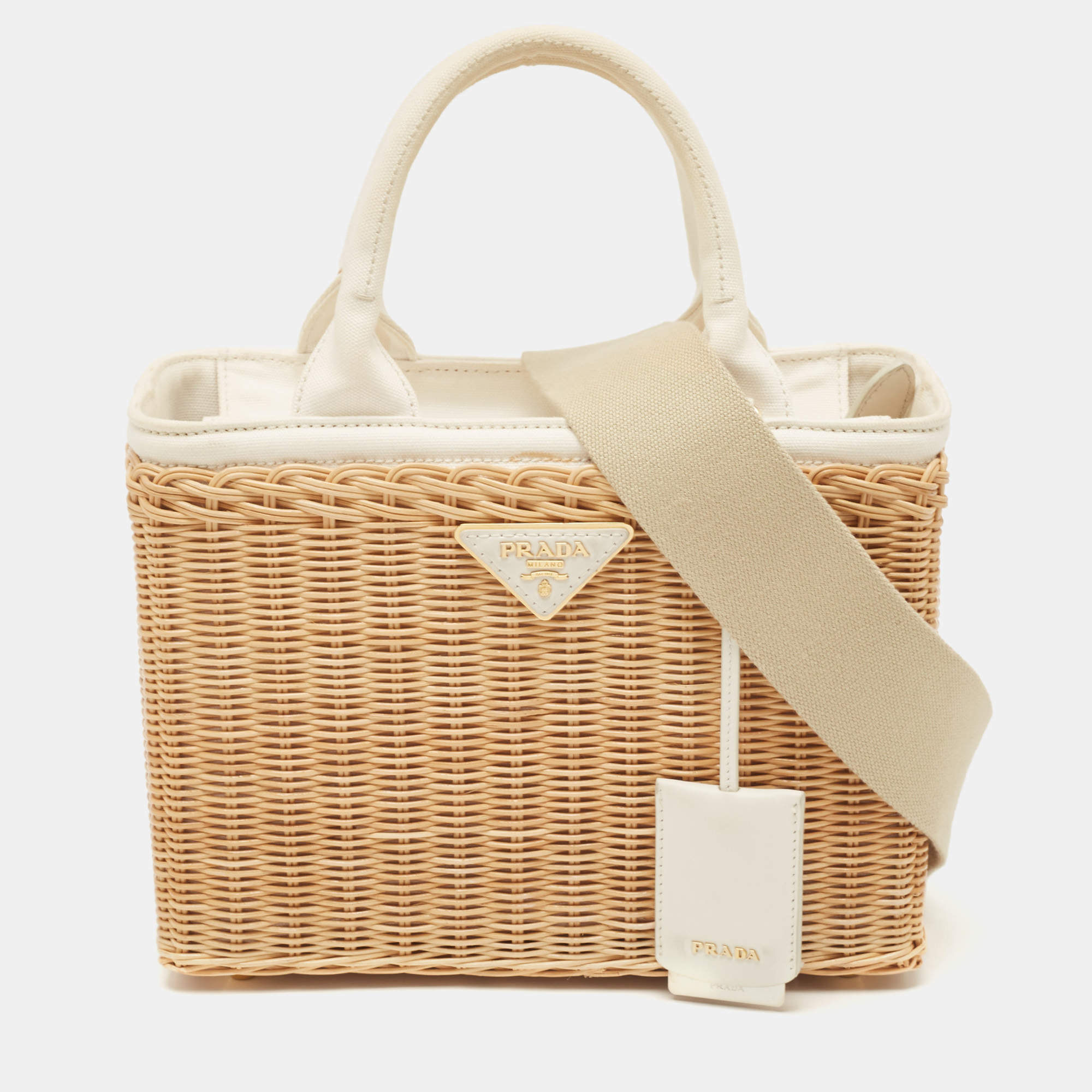 Prada Tan/White Wicker and Canvas Medium Tote