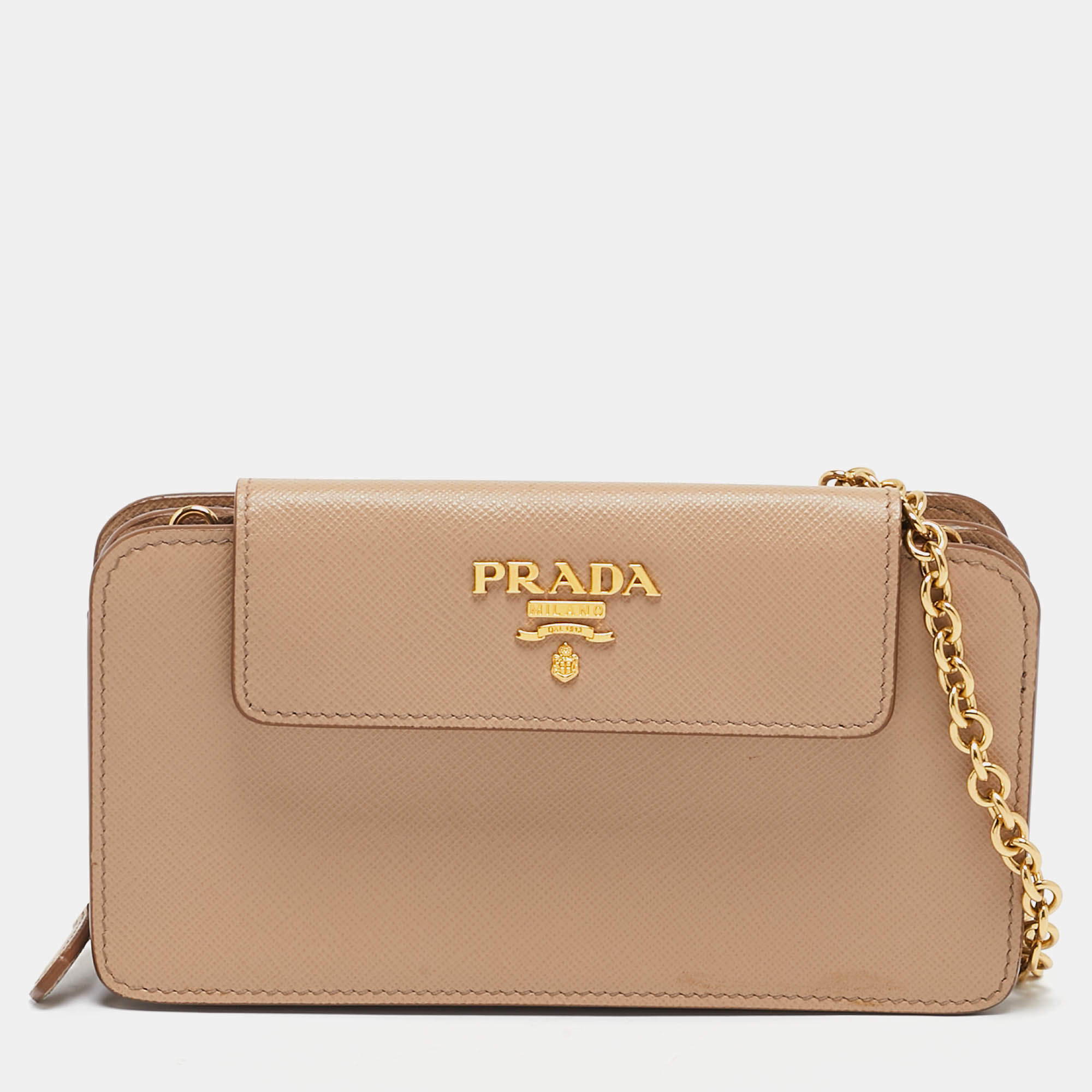 Pre Owned Prada Beige Saffiano Lux Leather Phone Wallet On Chain