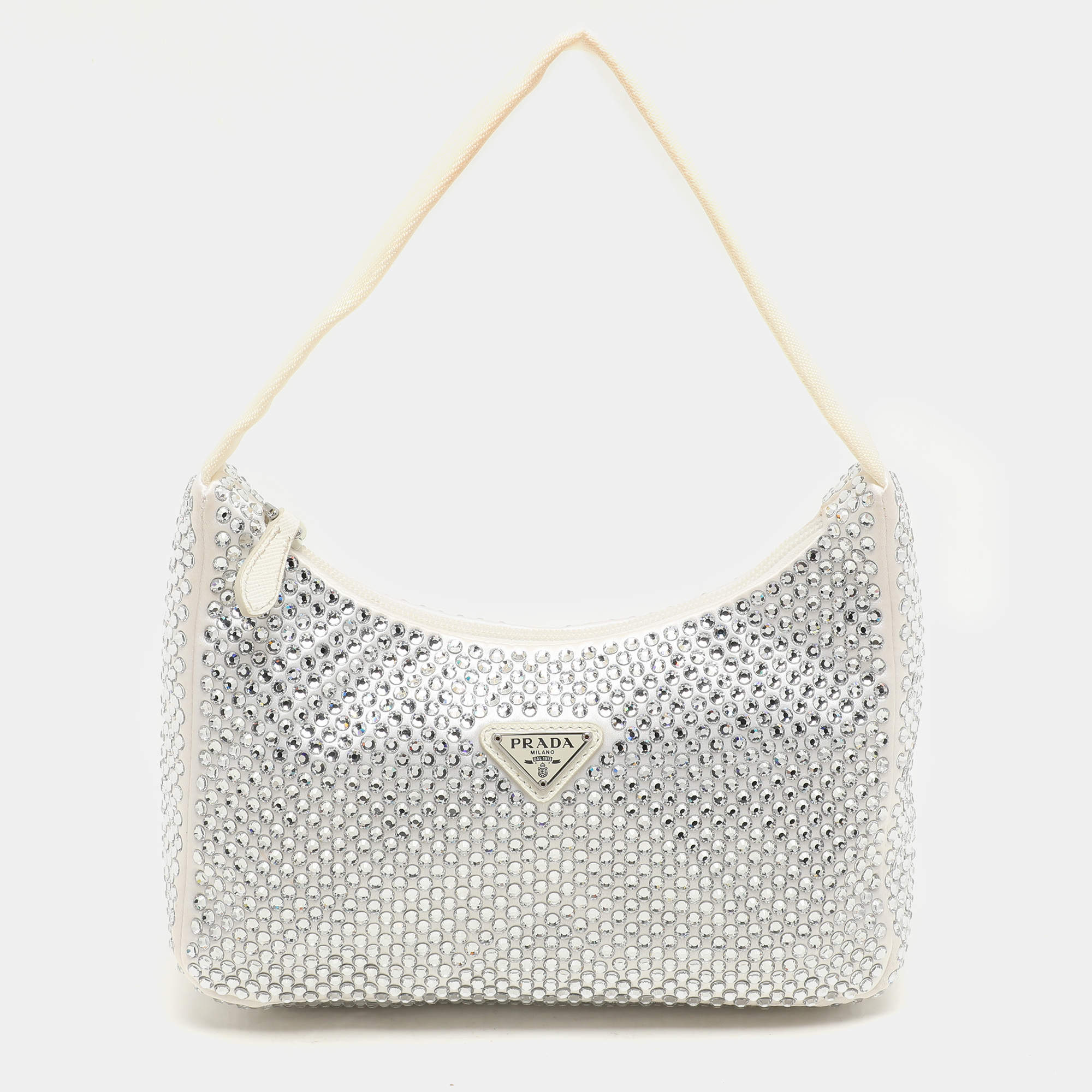 Prada Off White Satin Crystal Embellished Re-Edition 2000 Baguette Bag