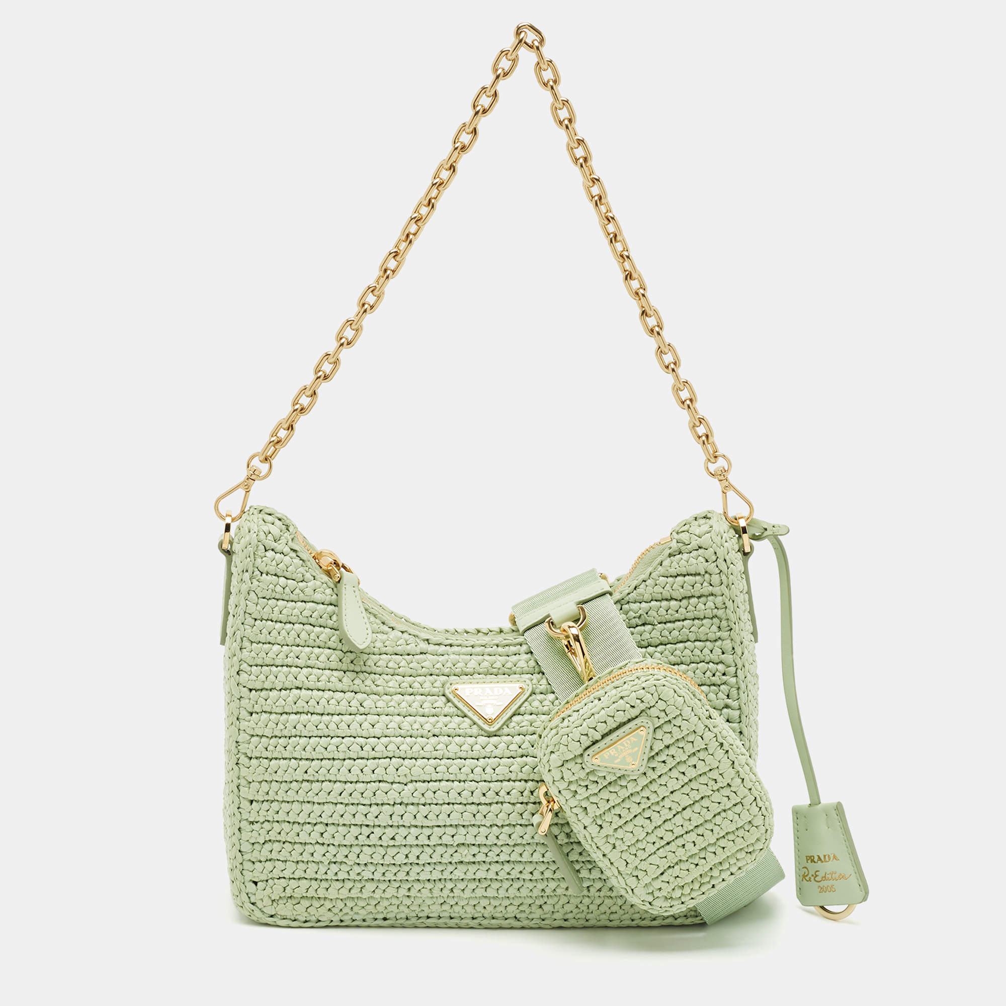 Prada Mint Green Raffia Re-Edition 2005 Shoulder Bag