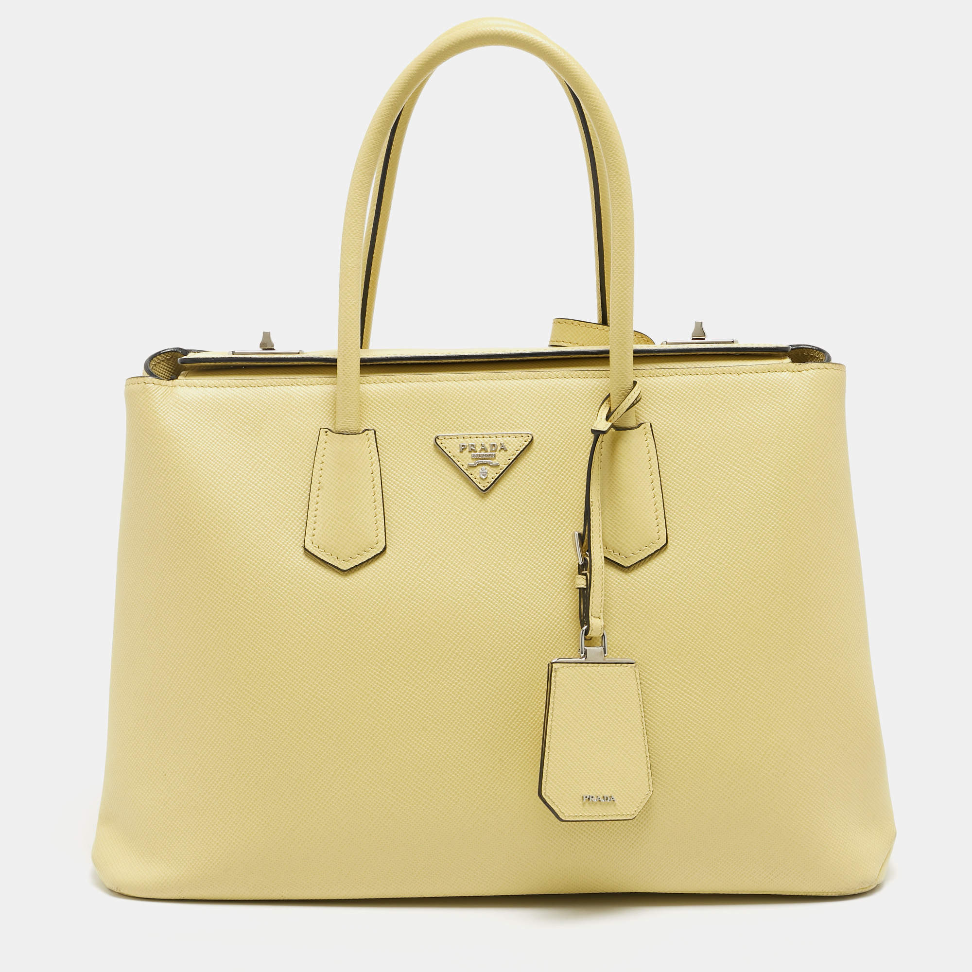 Prada Yellow Saffiano Cuir Leather Large Twin Tote