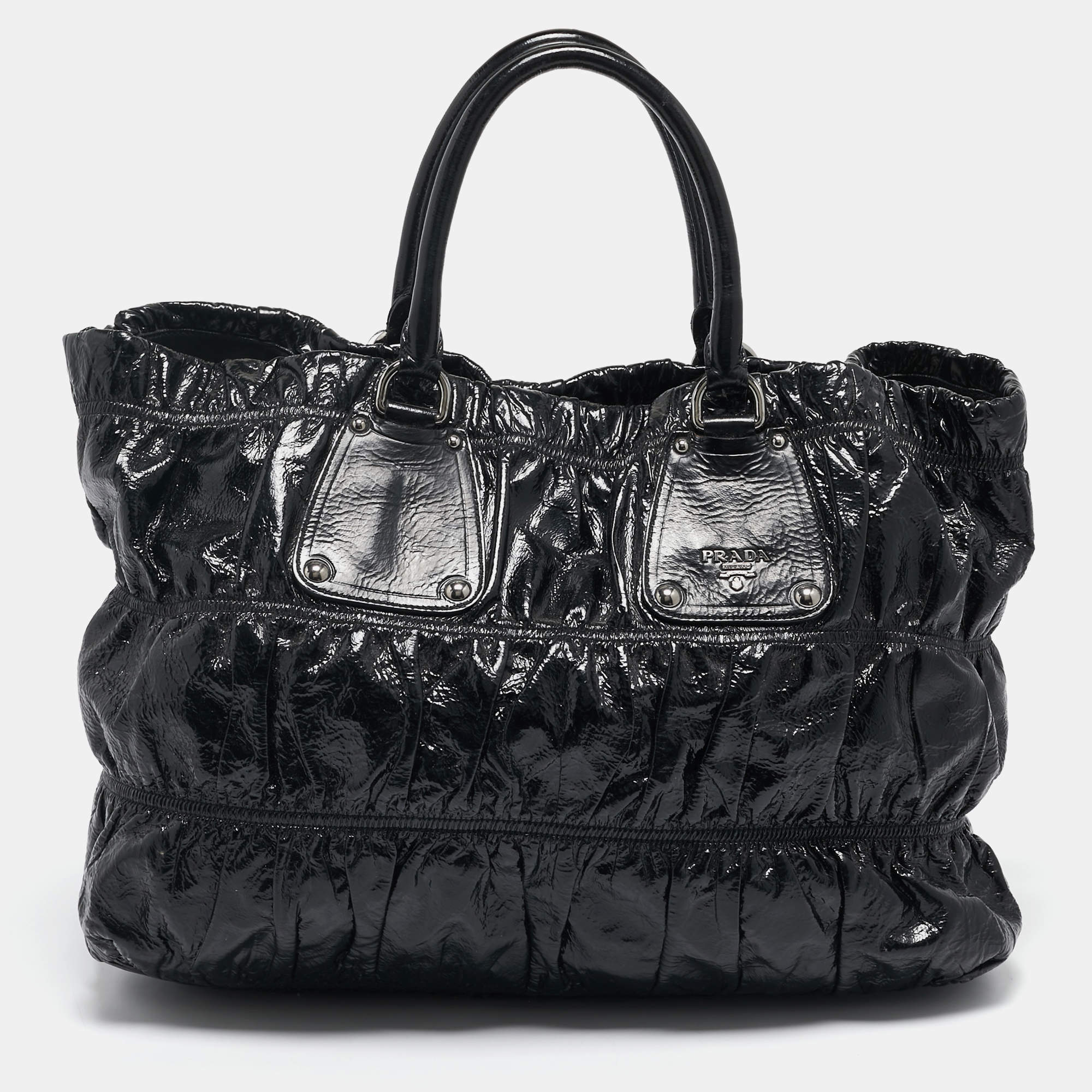 Prada Black Gaufre Patent Leather Large Shopper Tote