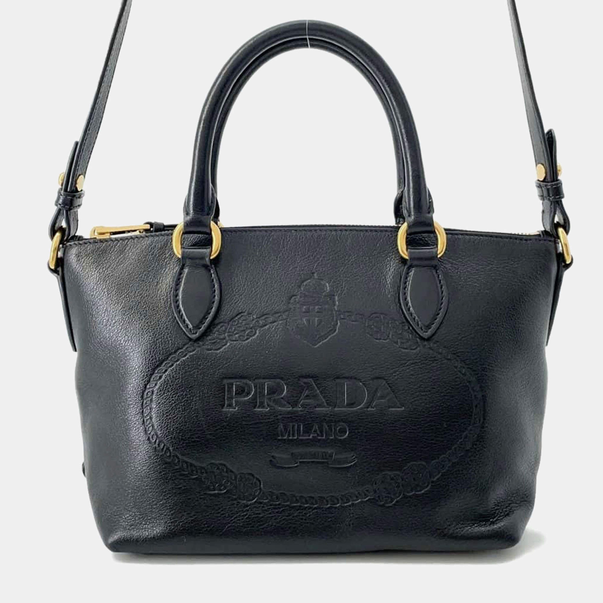 Prada Black Leather Embossed Logo Handbag 