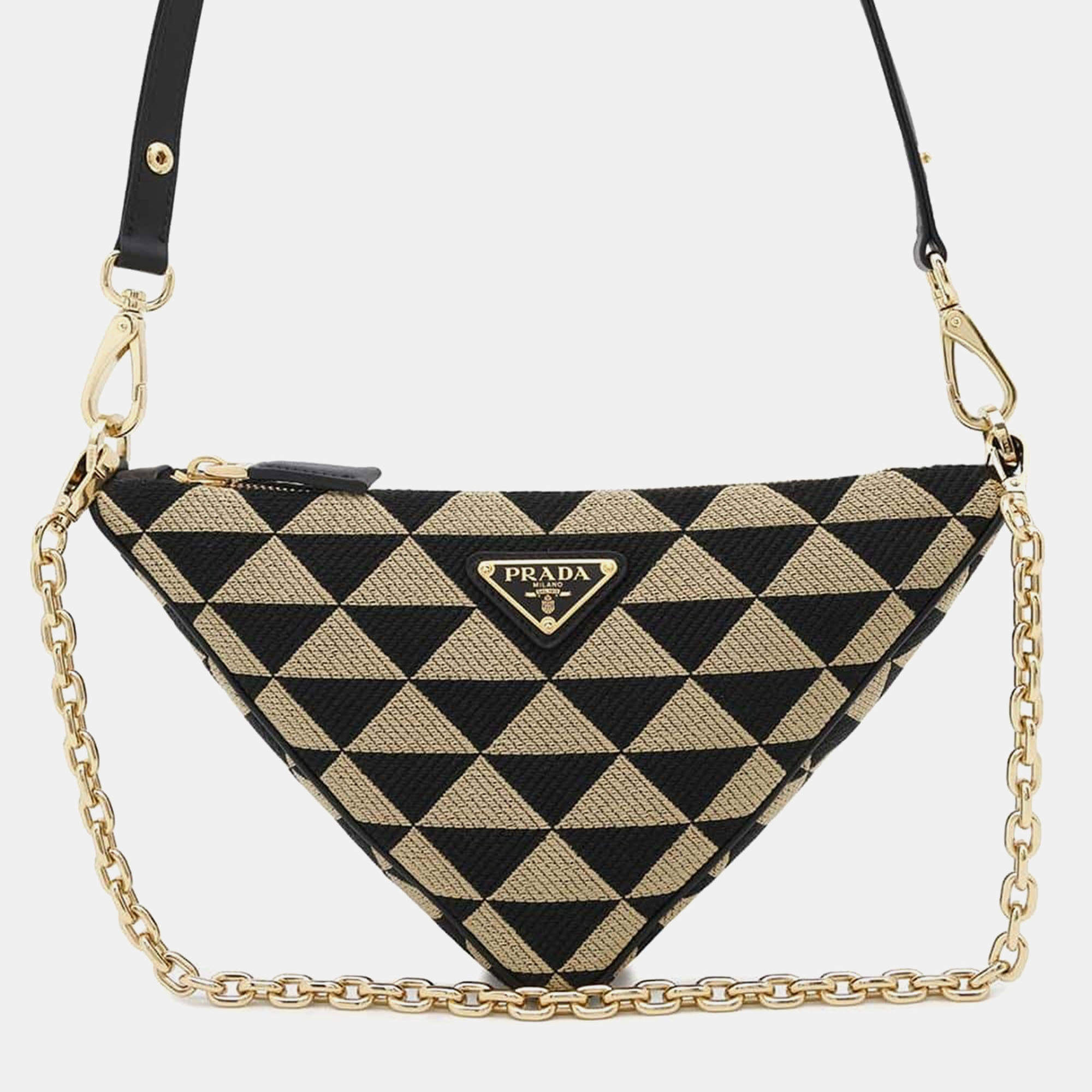 Prada  Black/Beige Canvas Leather Triangle Shoulder Bag