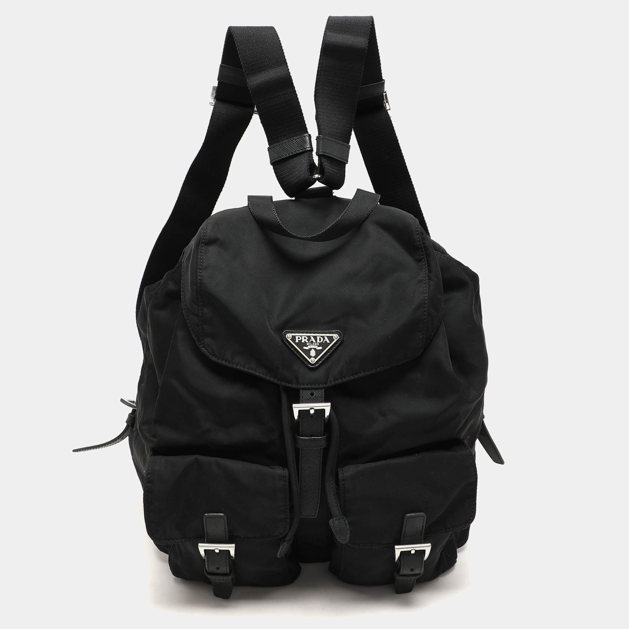 مملوكة مسبقًا Prada Black Leather and Nylon Double Pocket Backpack