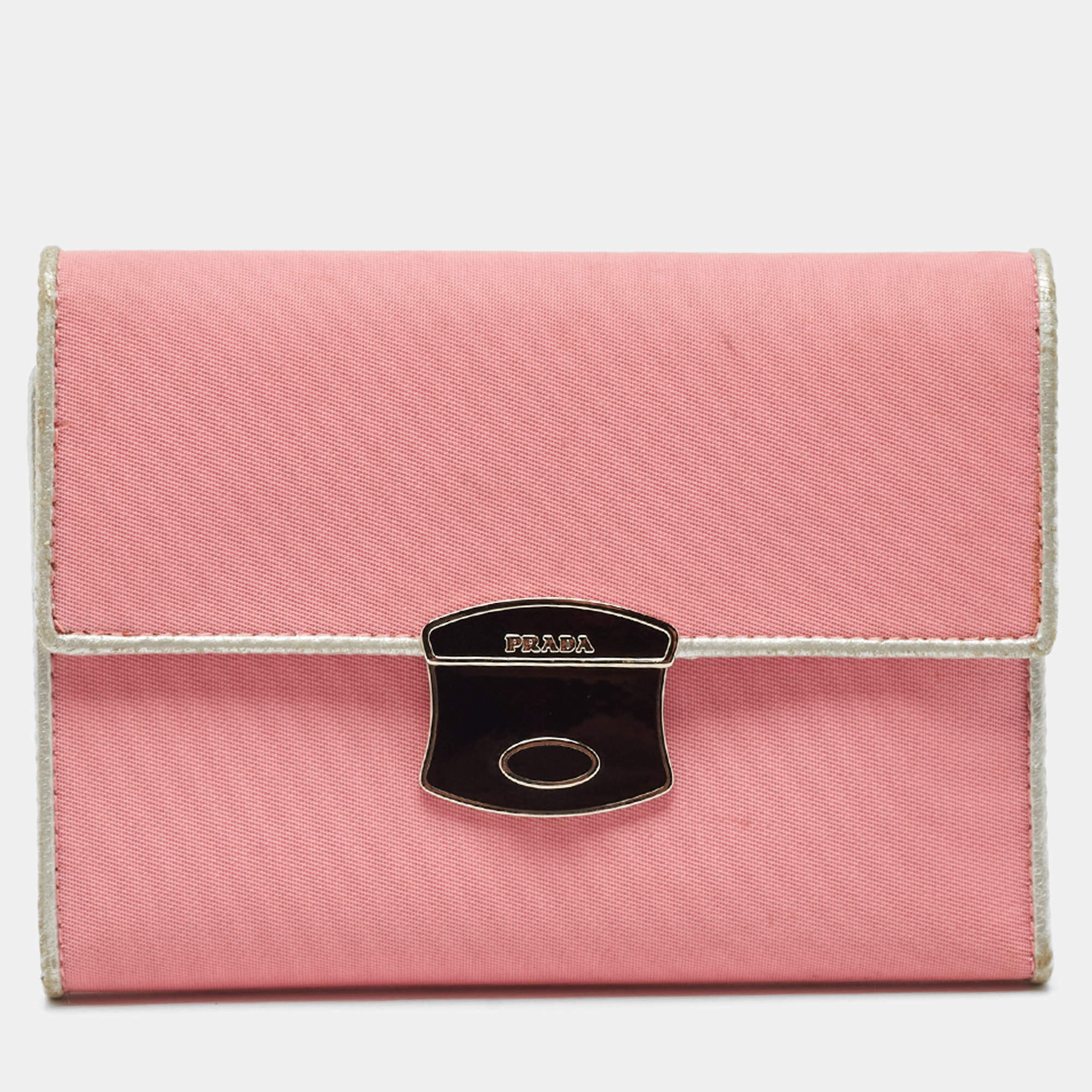 Prada Pink/Silver Nylon and Leather Trifold Wallet