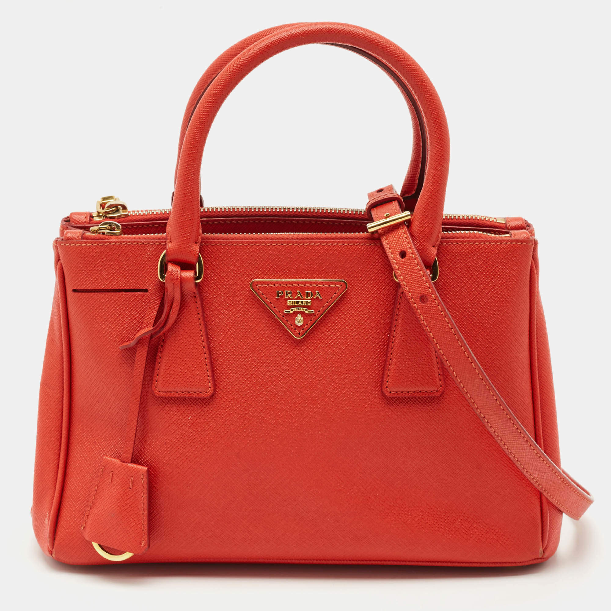 Pre Owned Prada Orange Saffiano Lux Leather Small Galleria Double Zip Tote