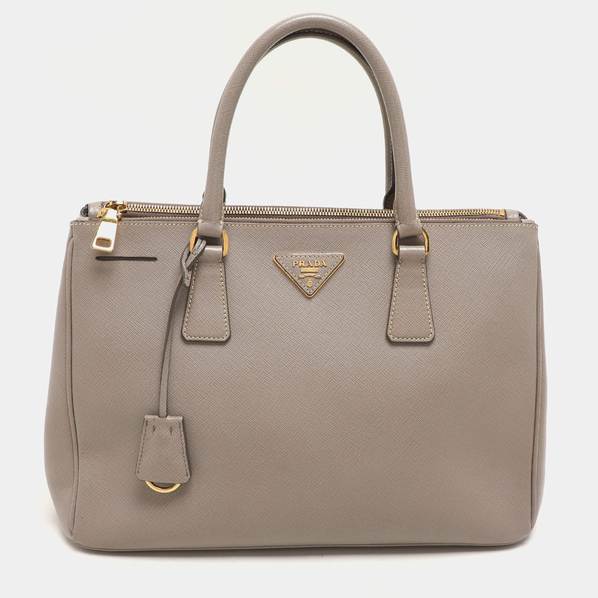 Prada Taupe Saffiano Lux Leather Large Galleria Double Zip Tote
